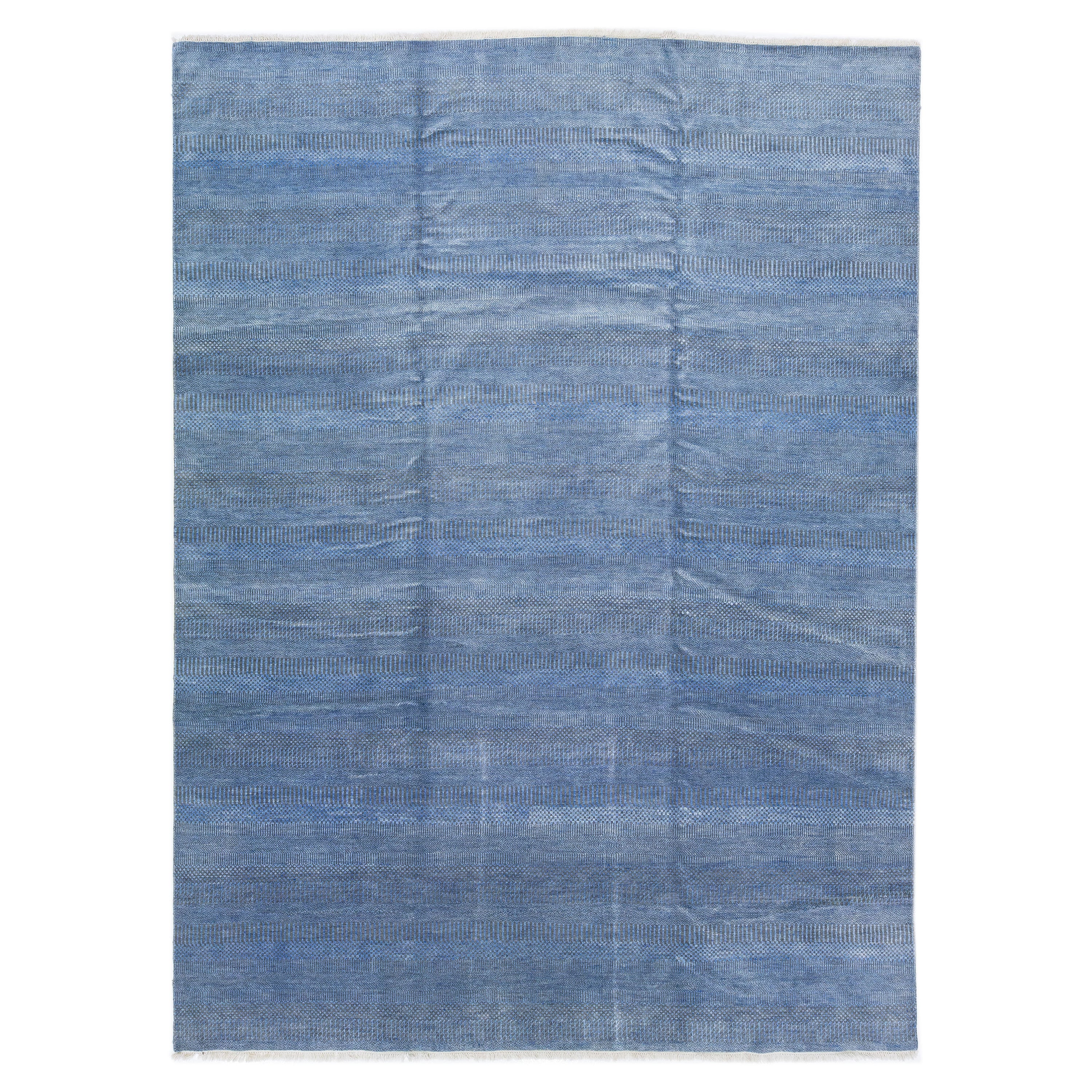 Blue Modern Savannah Wool Rug with Geometric Design For Sale
