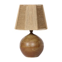 Mid-Century Modern Ceramic Table Lamp in Burnt Umber Glaze with Hatched Twine