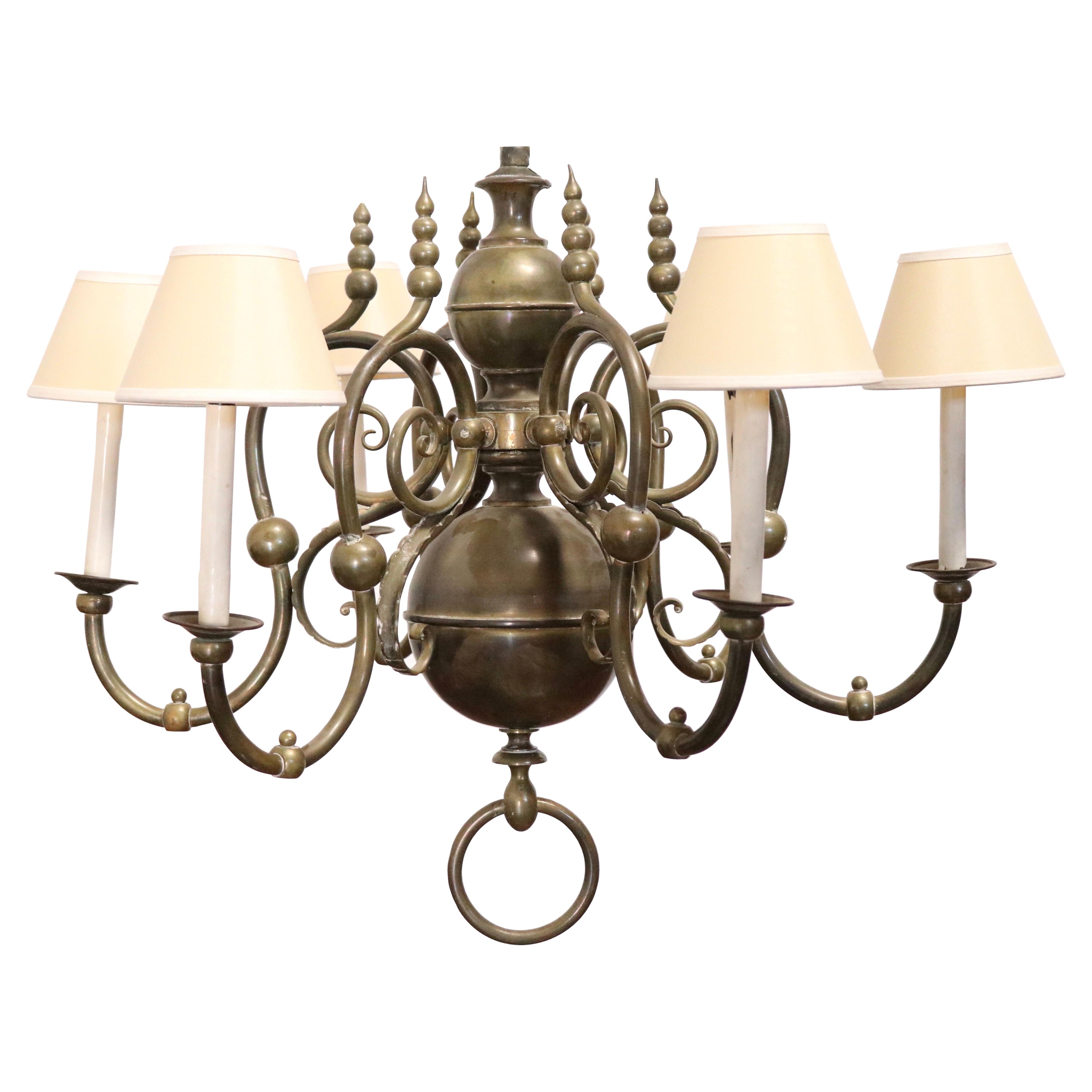 Antique 6-Scroll Arm European Brass Chandelier with Shades For Sale