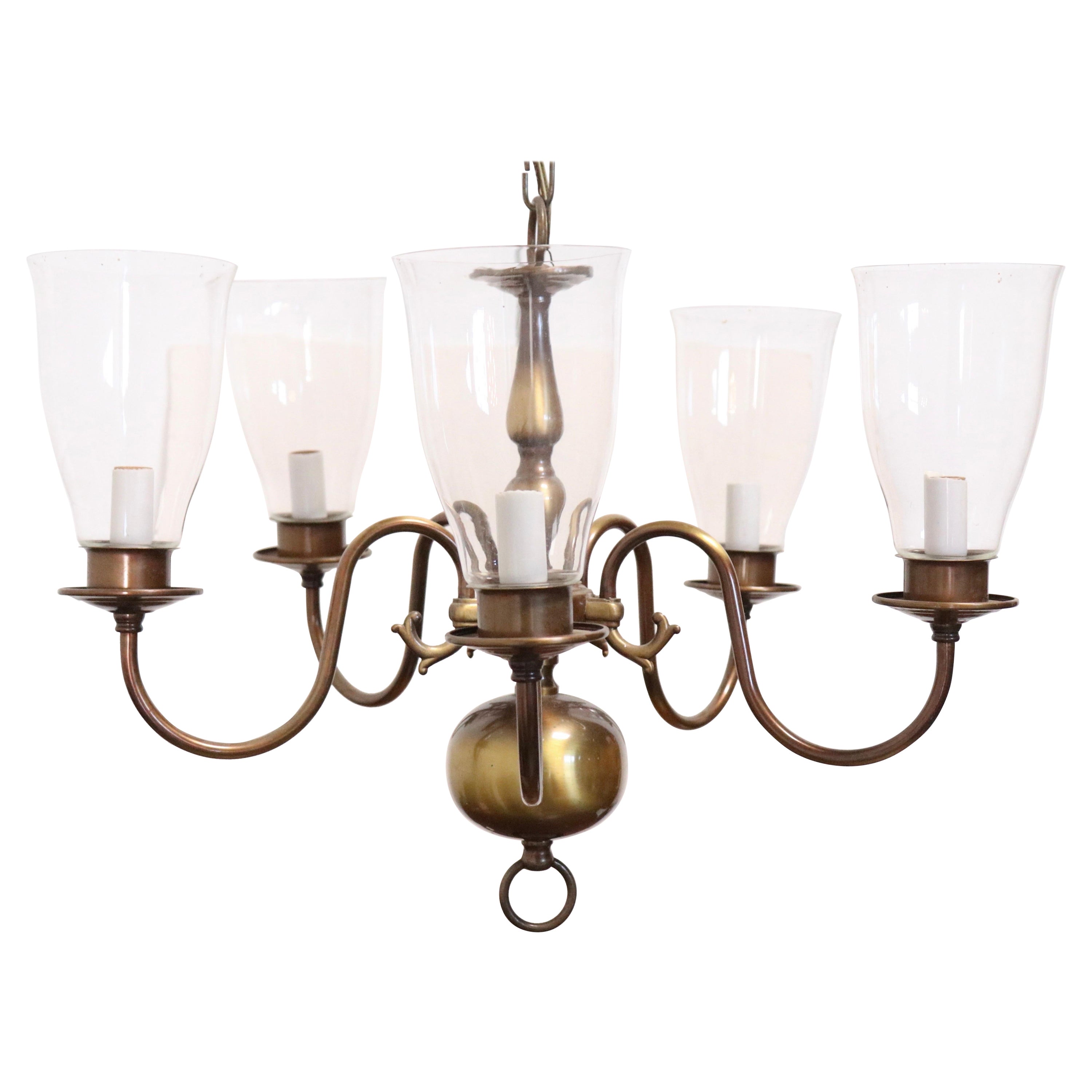 Georgian style Brass 5 arm Chandelier w/ Hurricane Shades For Sale