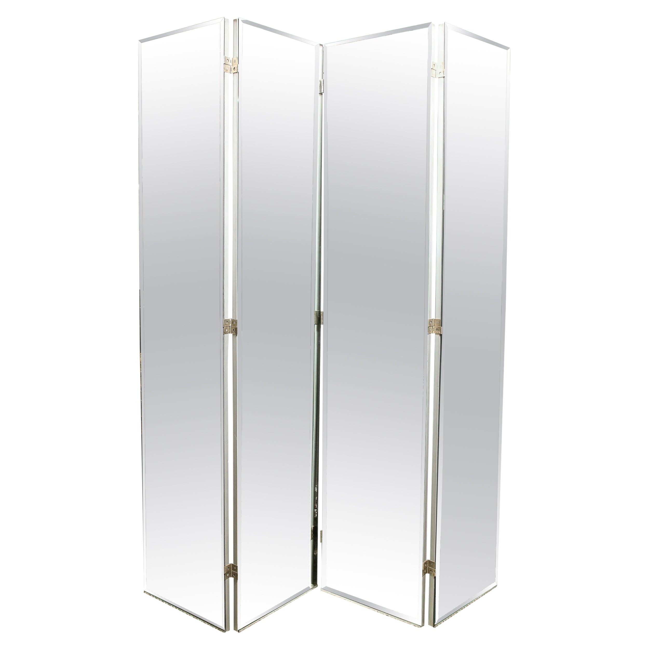 American Mid-Century Modern Monumental Four Panel Beveled Mirrored Screen For Sale