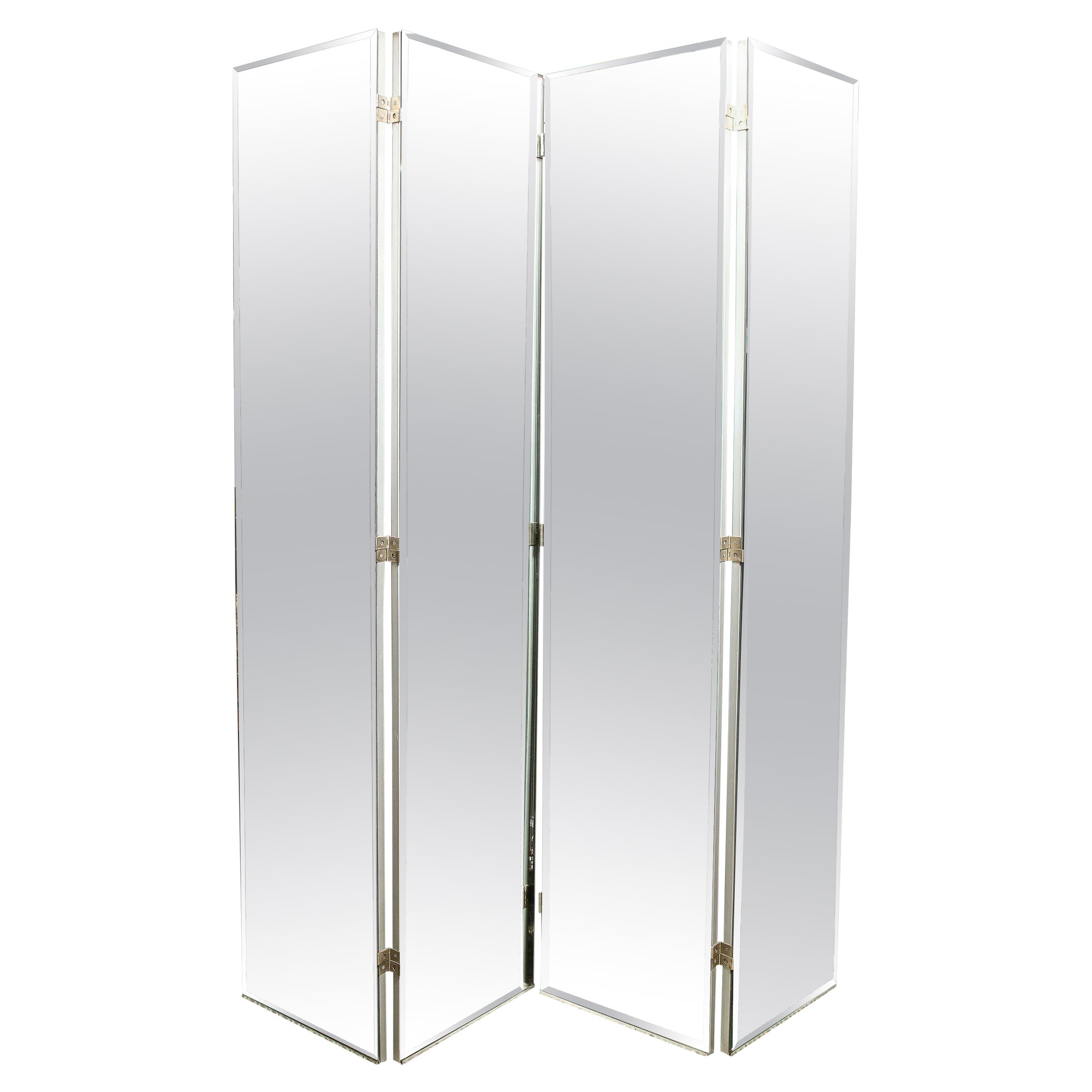 American Mid-Century Modern Monumental Four Panel Beveled Mirrored Screen