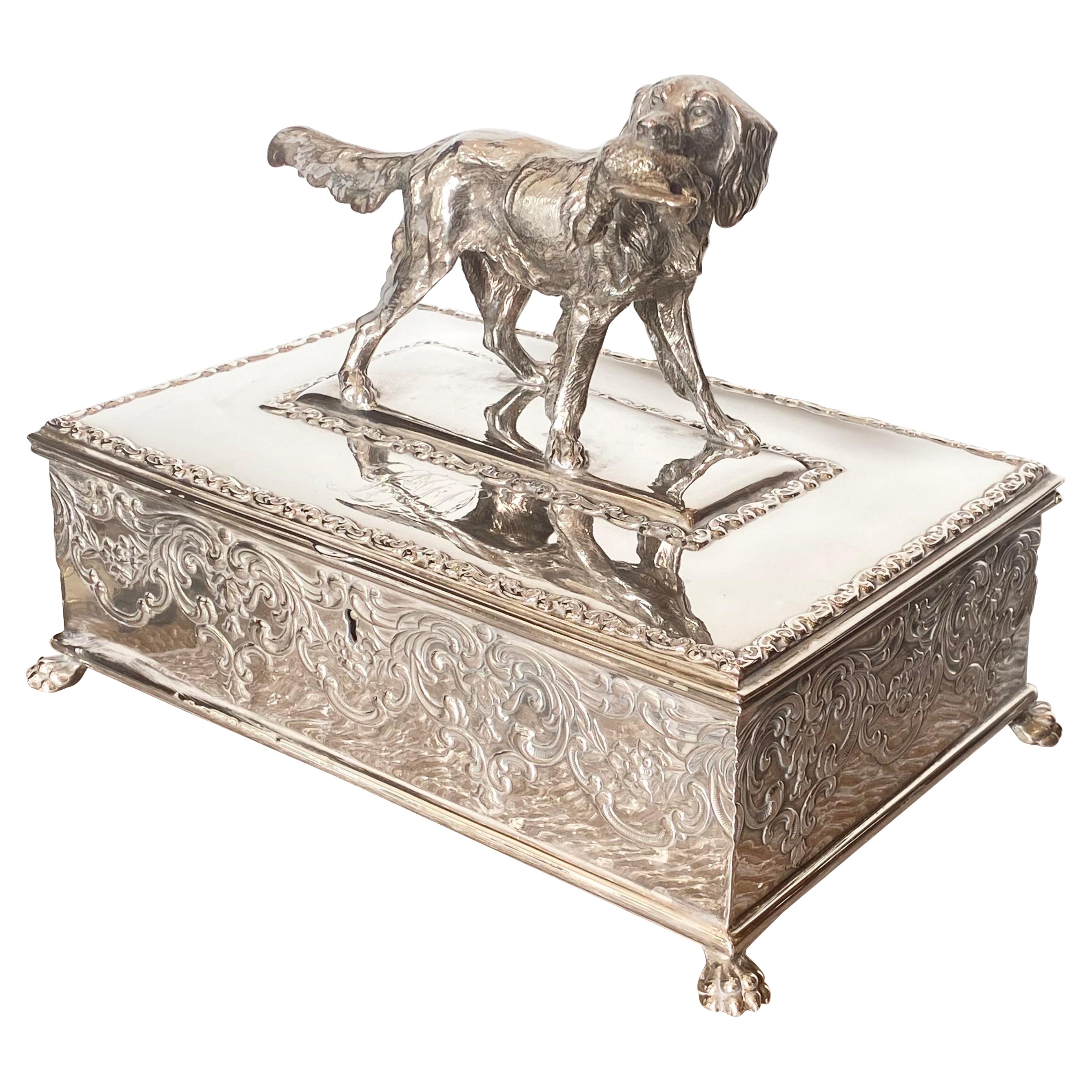 Silver Plate Humidor with Retriever For Sale