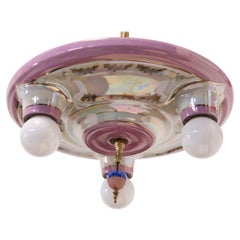 Vintage Dresden Style Porcelain 3-Socket Flush Mount Pink & Gold Light Fixture