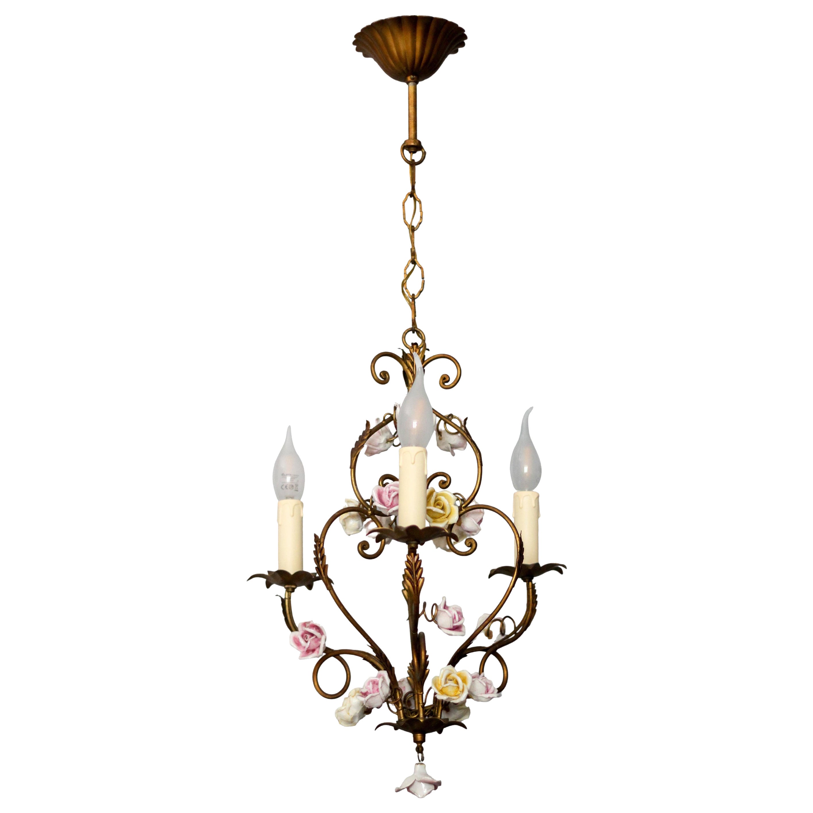 Italian Golden Metal Three-Light Chandelier with Porcelain Roses, ca. 1970s For Sale