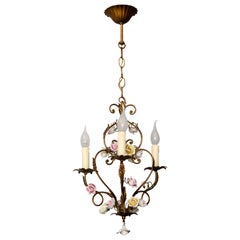 Used Italian Golden Metal Three-Light Chandelier with Porcelain Roses, ca. 1970s