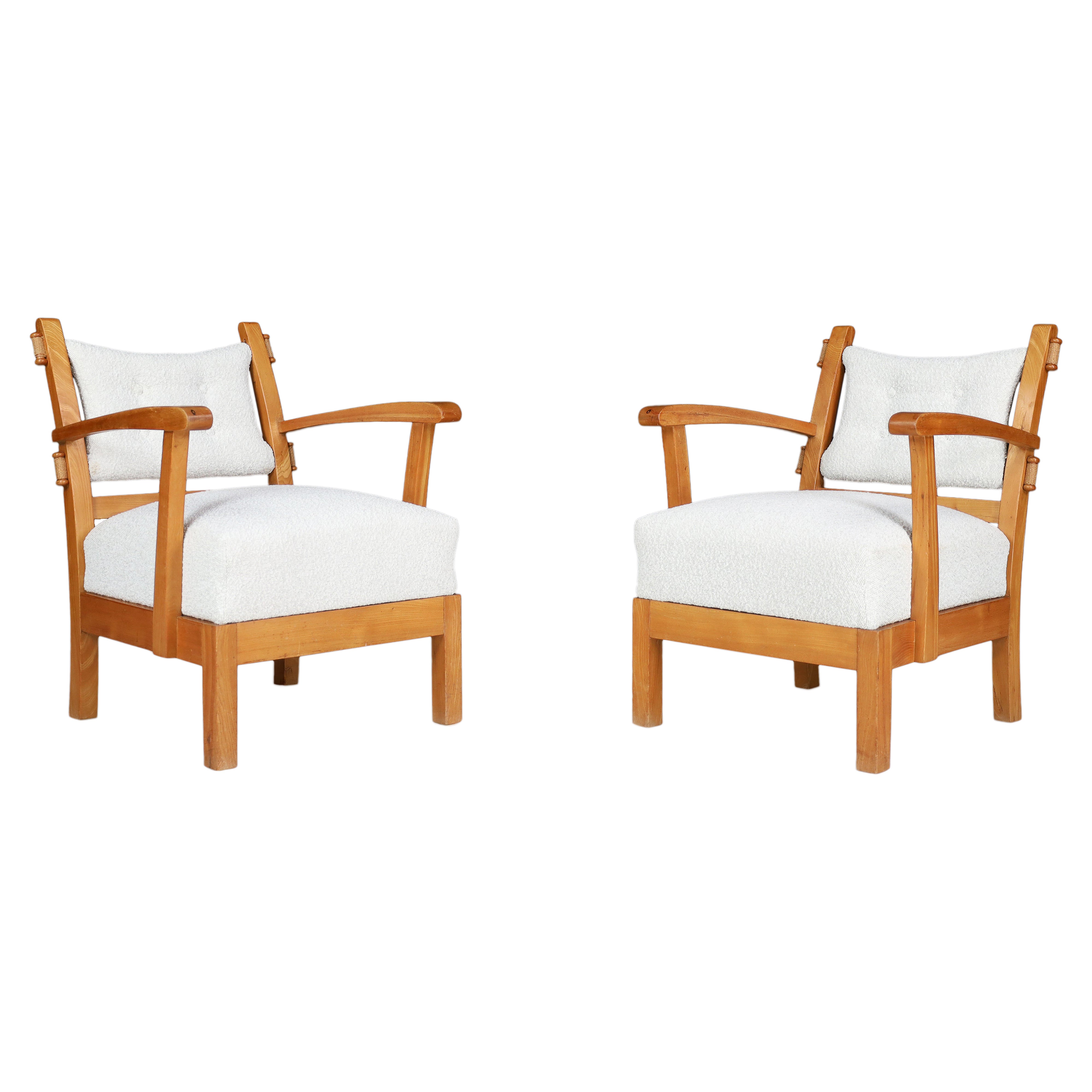 Reupholstered Lounge Chairs with Sculptural Elm Wooden Frame France, 1950s 