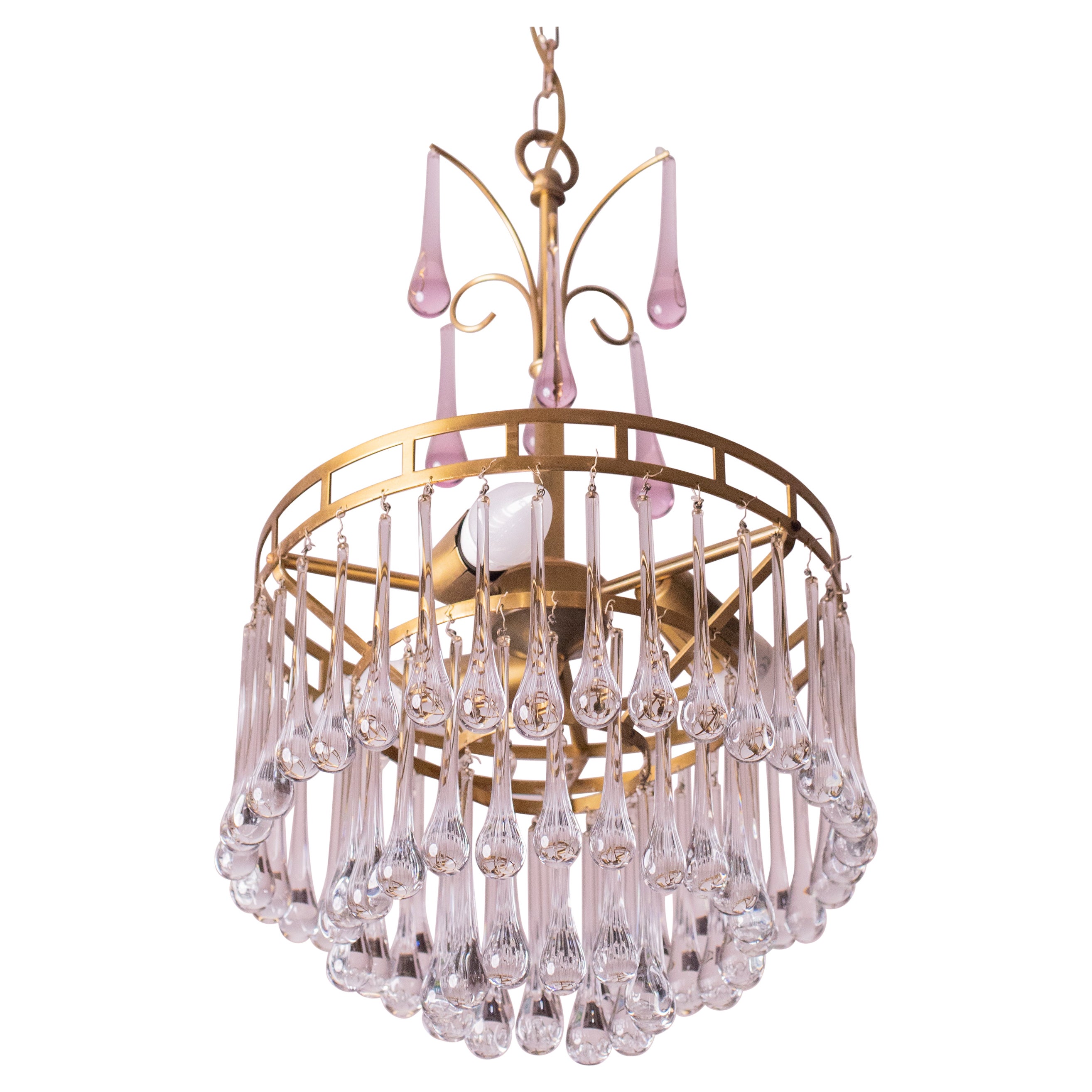 The White Crown, Murano Chandelier White and Purple Drops, 1960s For Sale