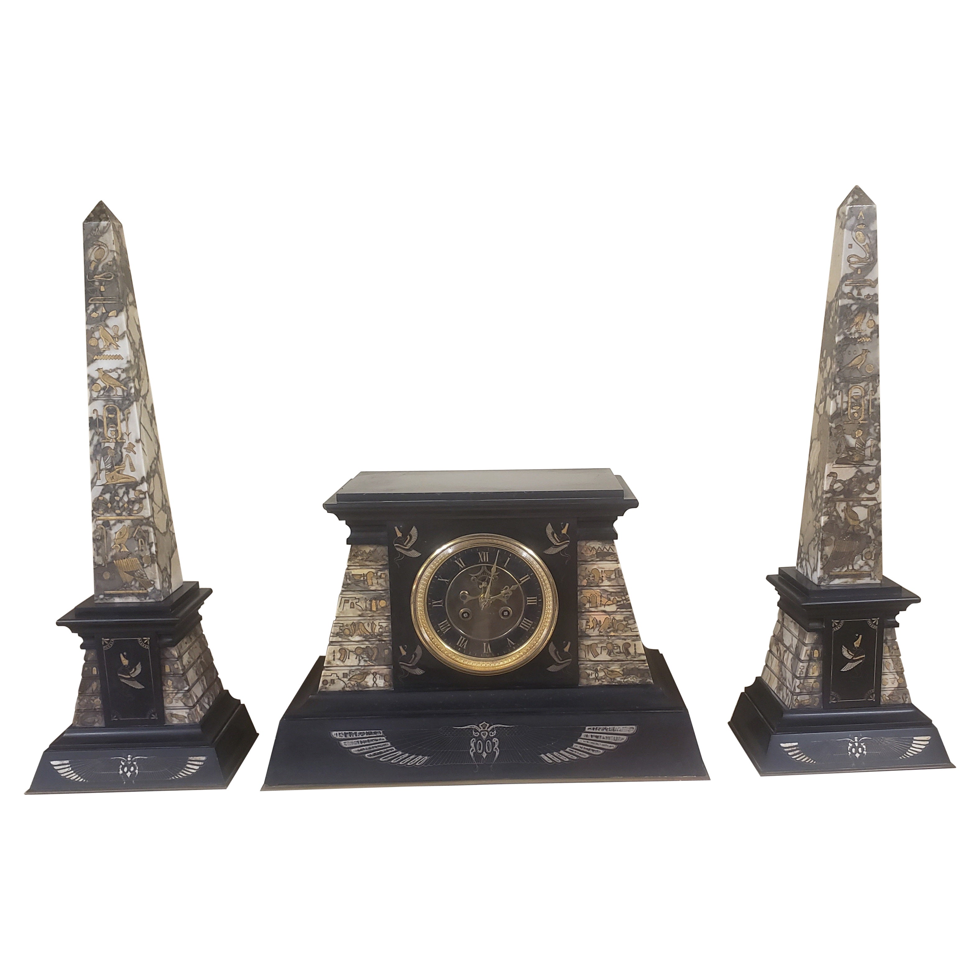 Black, Starr & Frost Victorian Egyptian Revival Clock Garniture Set, circa 1860