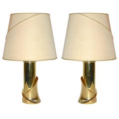 Banci 1960s Italian Pair of Bronze Lamps with Vintage Shades