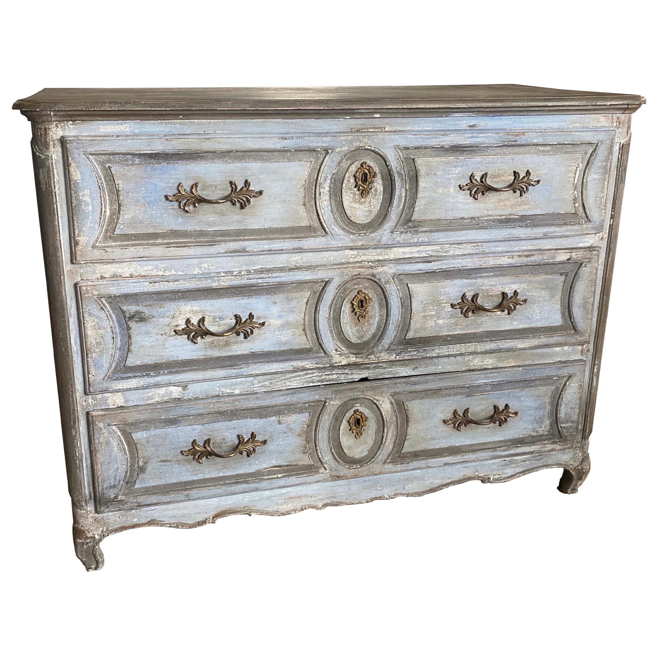 18th Century French Louis XV Painted Blue Commode, Chest