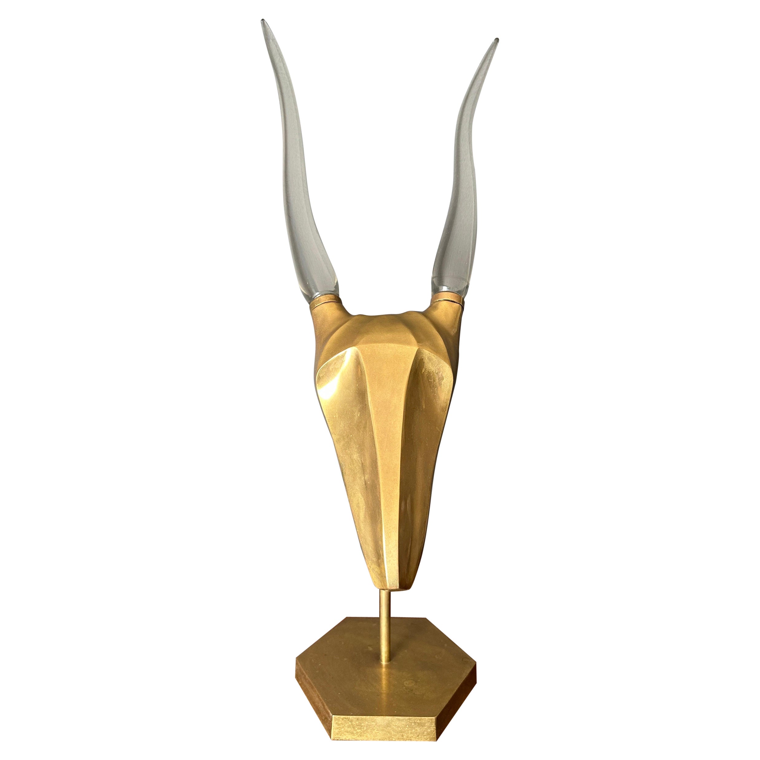 Brass Gazelle Sculpture with Glass Horns For Sale