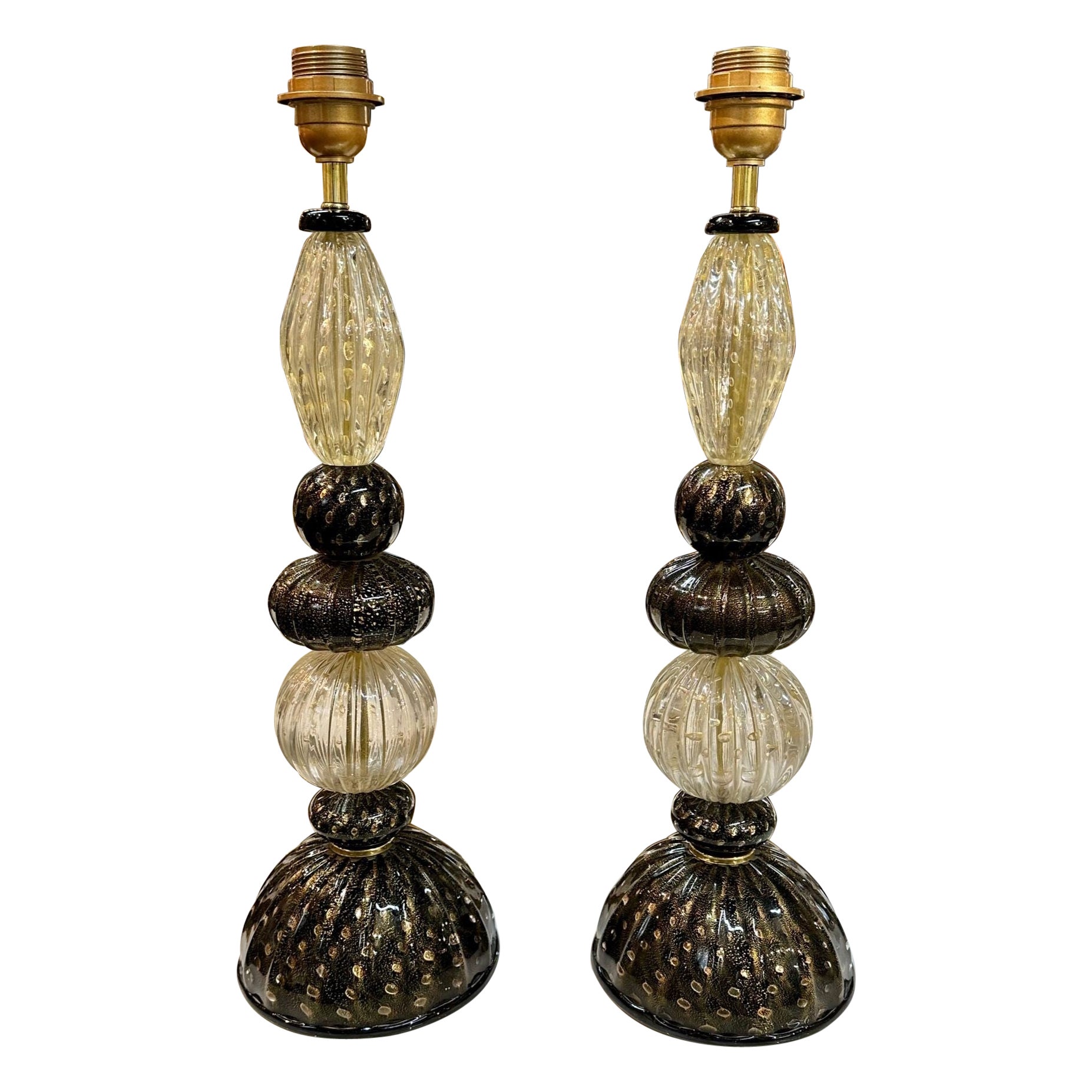 Pair of Modern Murano Glass Black and Gold Lamps For Sale