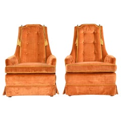 Vintage Yellow Orange Velvet Tufted High Back Lounge Chair Set by McAfee
