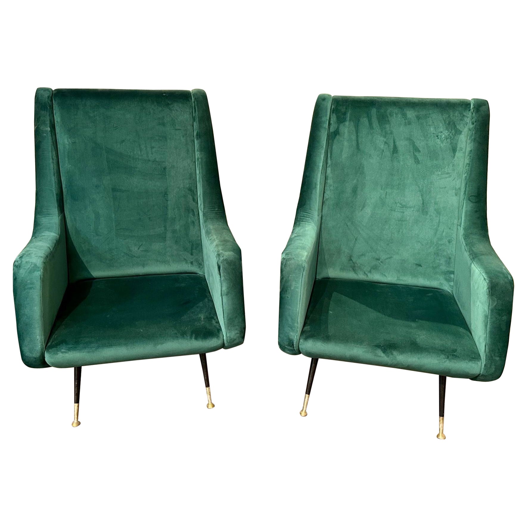 Pair of Italian Green Velvet Mid-Century Modern Chairs For Sale
