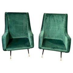 Pair of Italian Green Velvet Mid-Century Modern Chairs