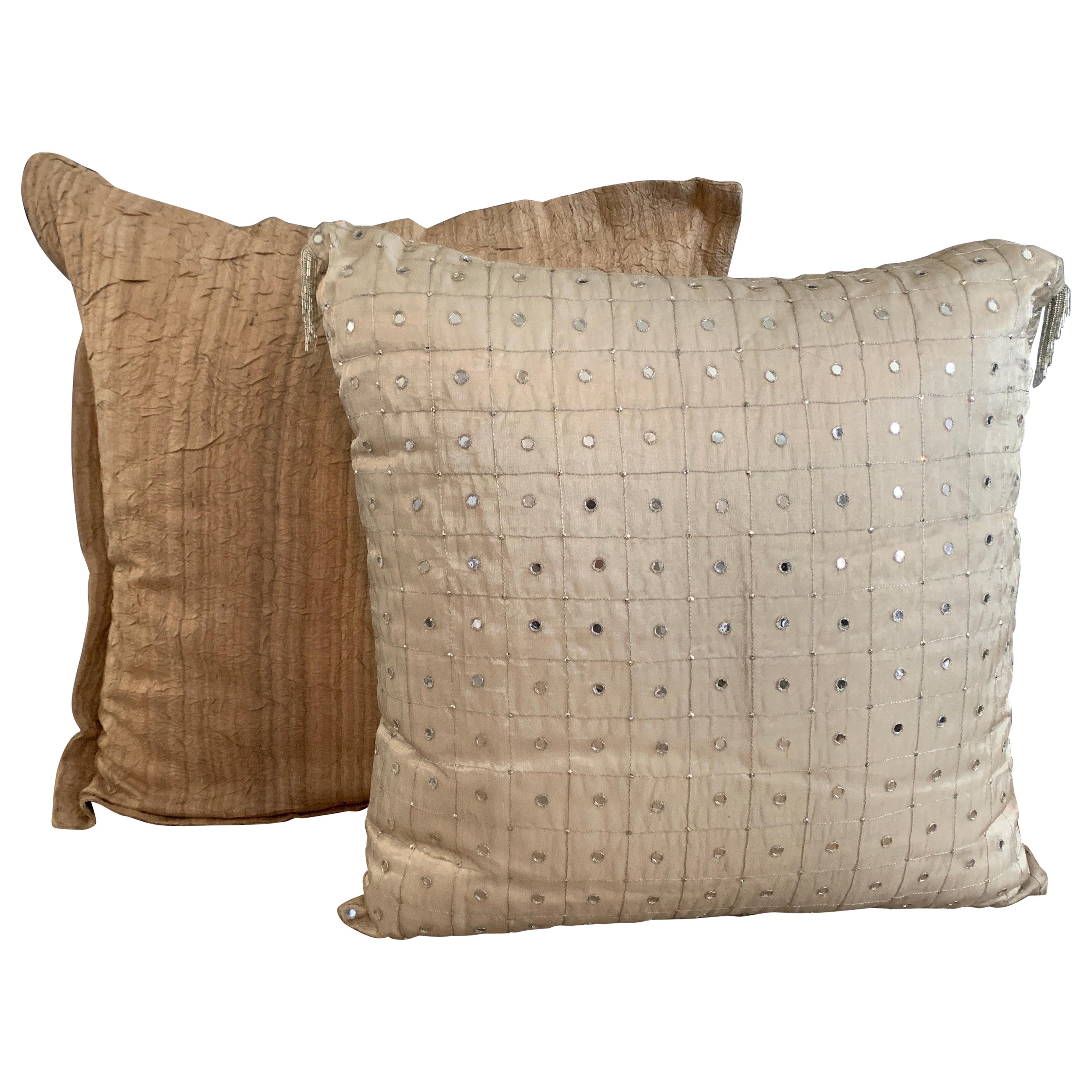 Pair of Silk & Embroidered Silver Square European Pillows from Luxe Bedding Set For Sale