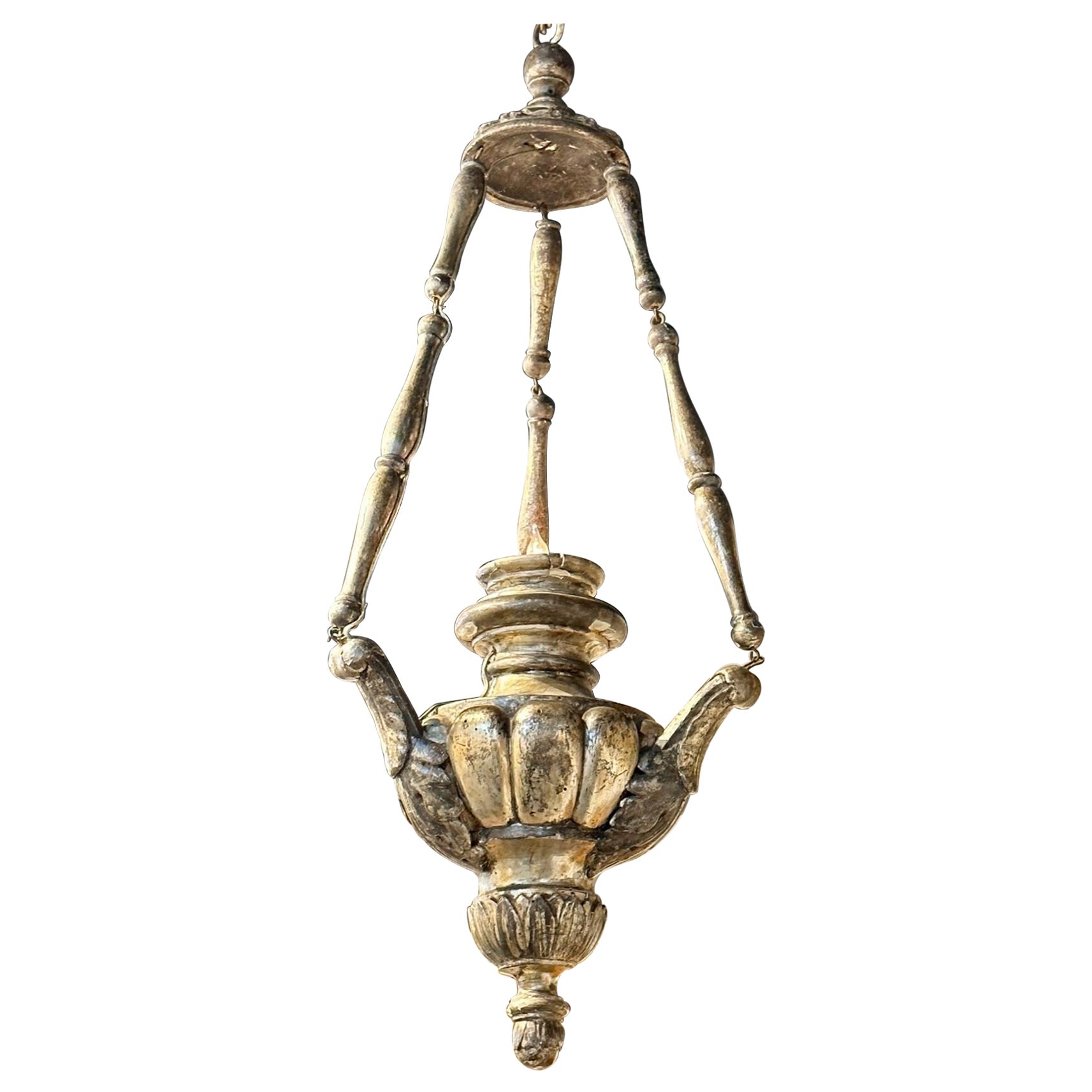 19th Century Italian Carved and Silver Giltwood Pendant Lantern For Sale