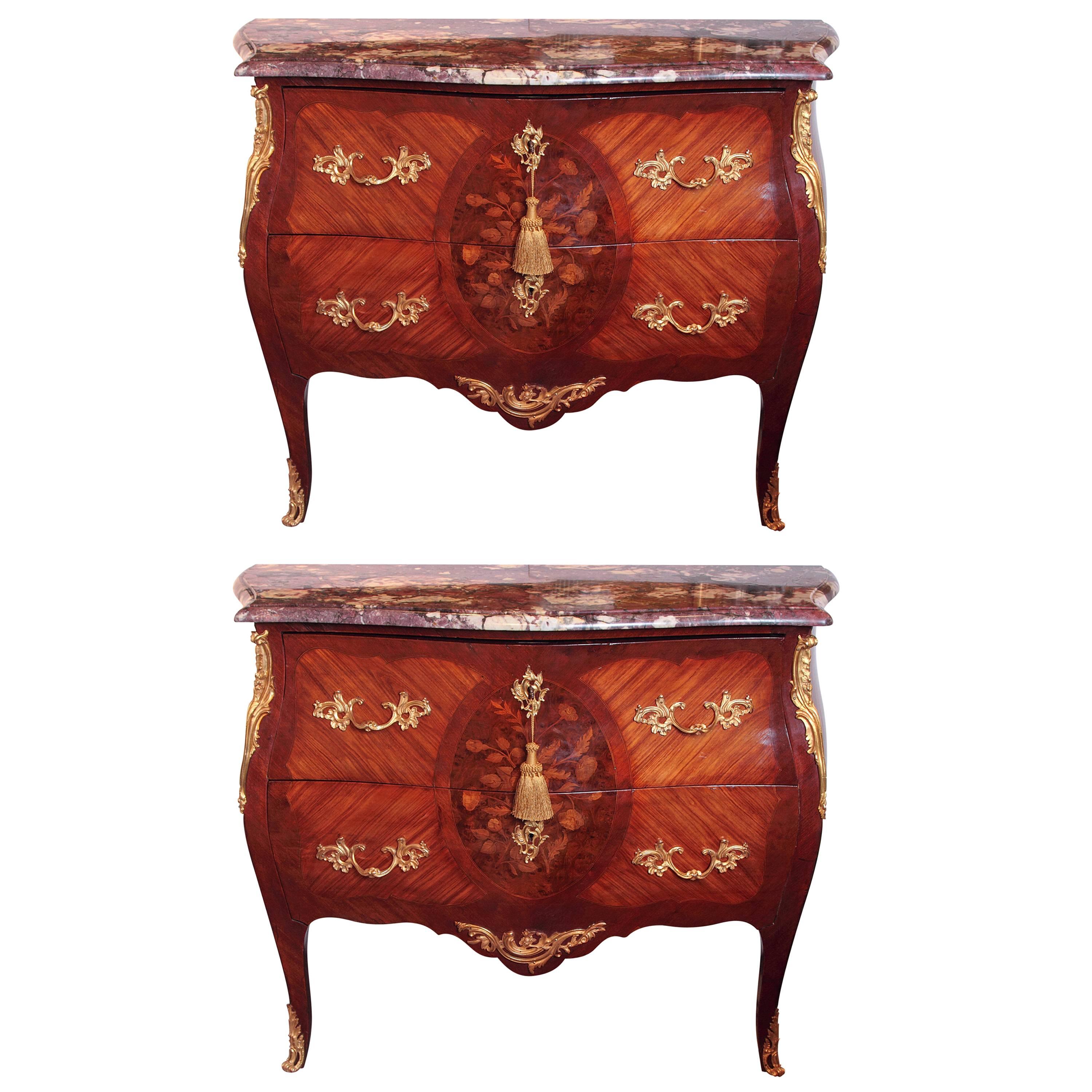 19th Century French Louis XV Marquetry Marble-Top Commodes