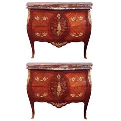 19th Century French Louis XV Marquetry Marble-Top Commodes