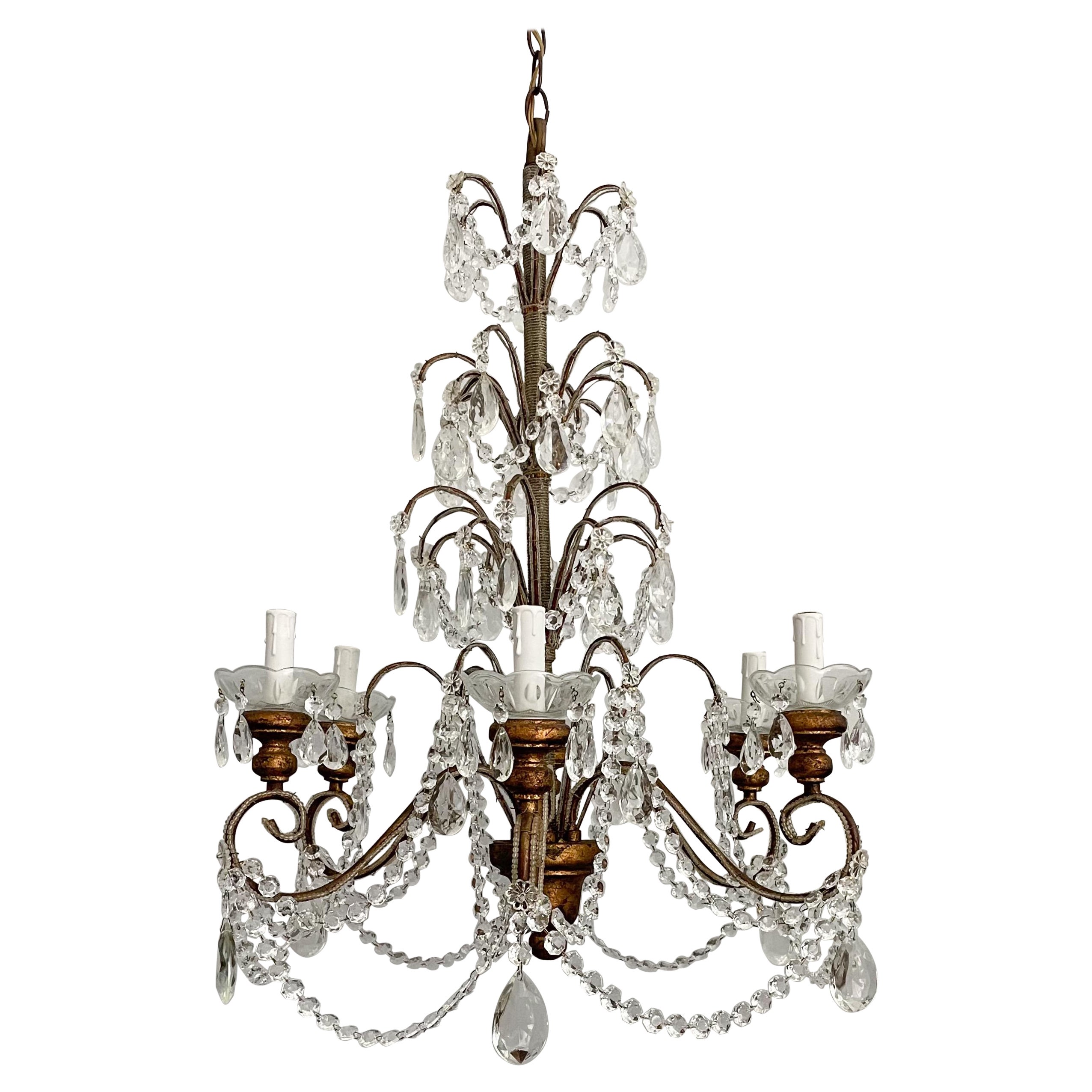 Italian Giltwood and Crystal Beaded Chandelier  For Sale