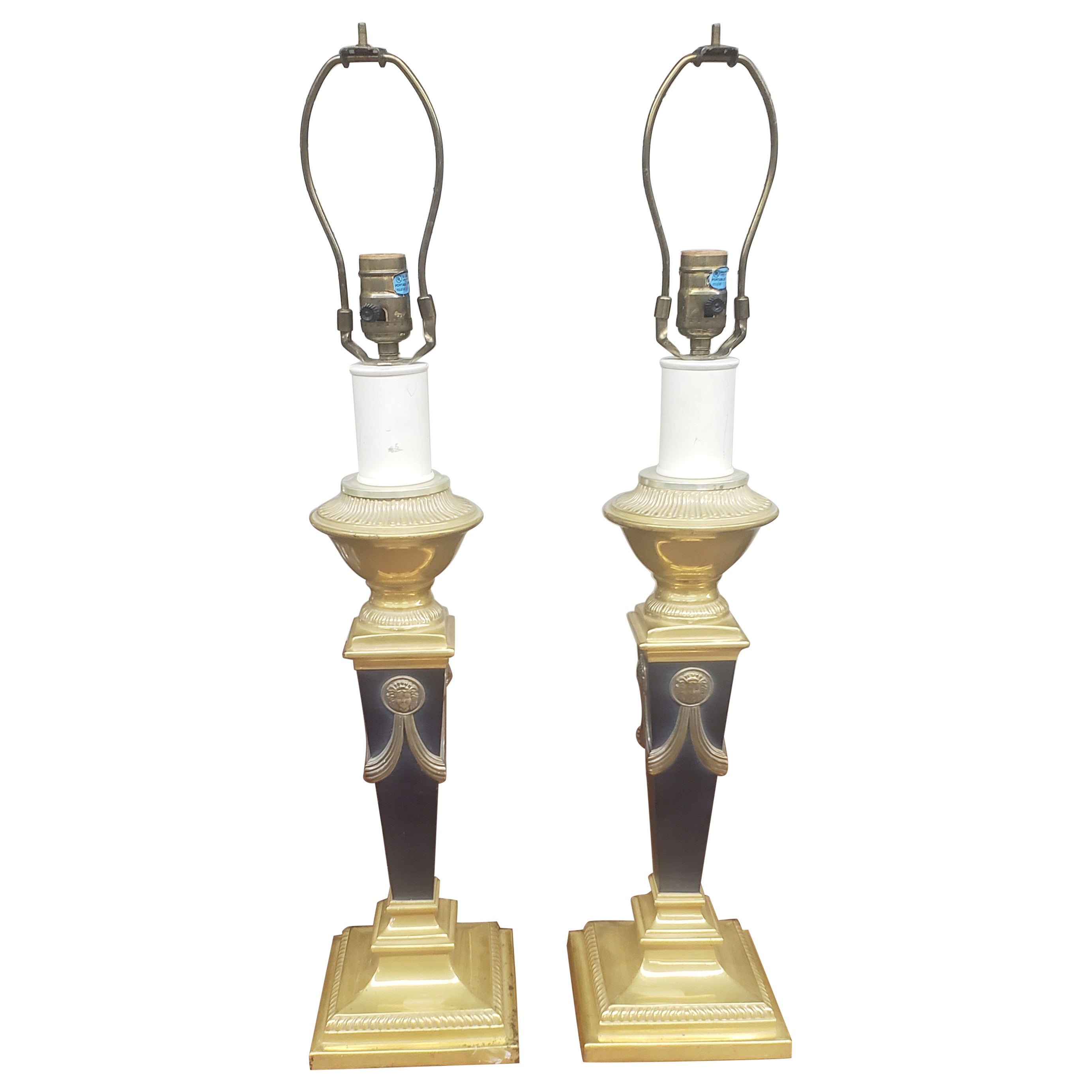 Pair of Medusa Empire Style Ebonized & Enameled Brass Finished Table Lamps