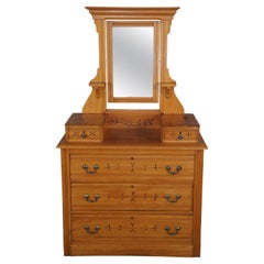 Antique Victorian Carved Pine Step Back Dresser & Mirror Glovebox Drawers Chest