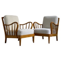 Pair of Danish 1930s Easy Chairs in Solid Elm Tree and Premium Bouclé