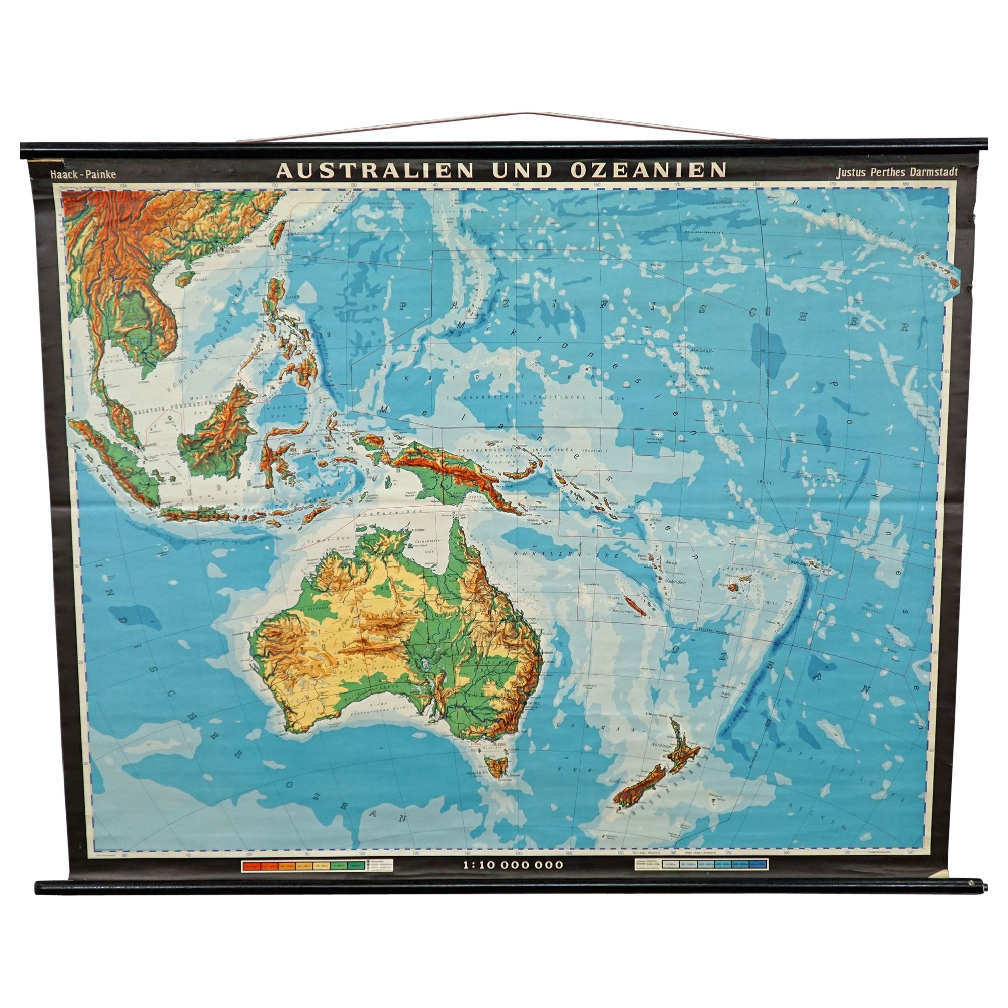 Vintage Mural Map Rollable Wall Chart Poster Australia New Zealand Indonesia For Sale