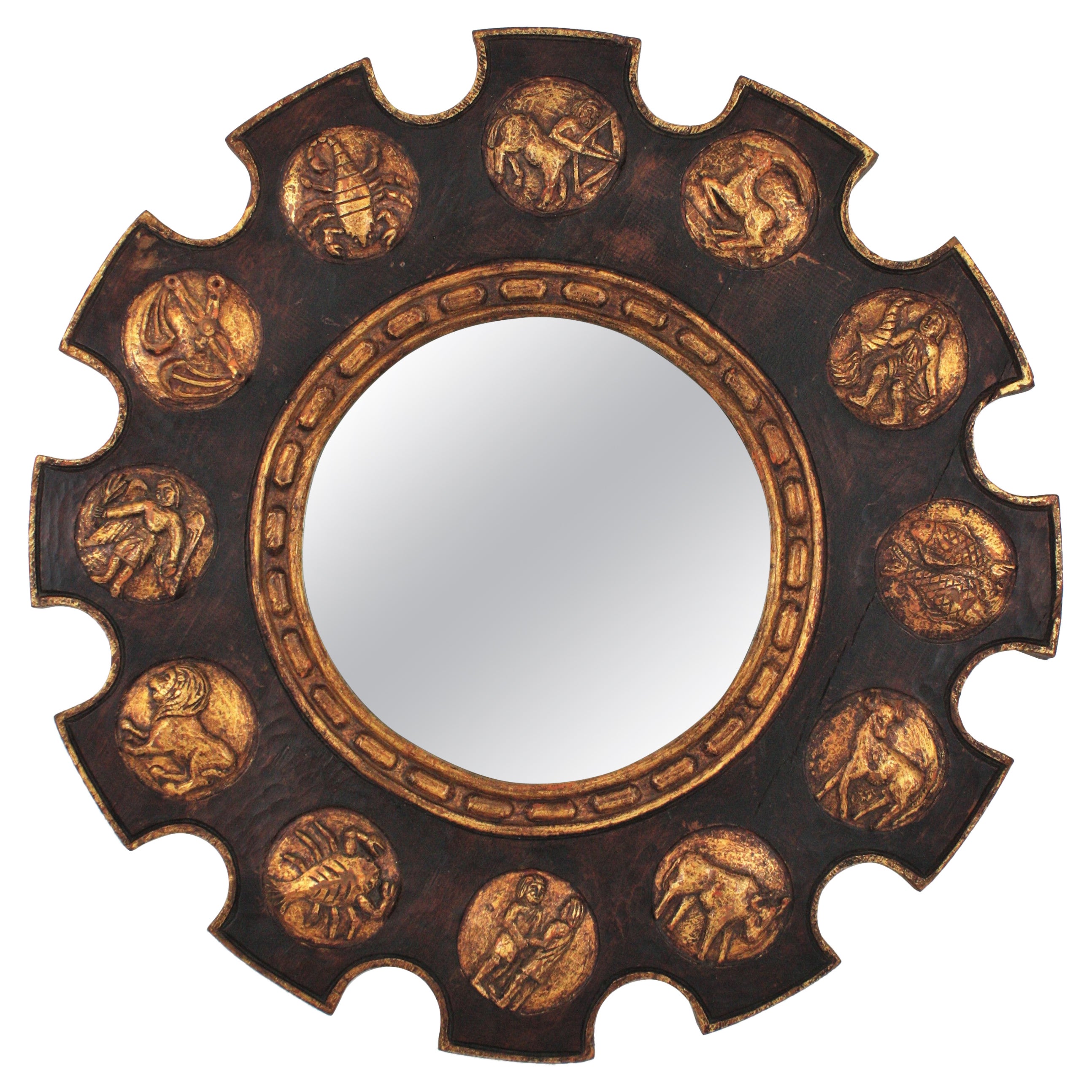Spanish Zodiac Sunburst Mirror with Brown Giltwood Carved Frame For Sale
