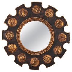 Zodiac Mirror with Brown Giltwood Carved Frame