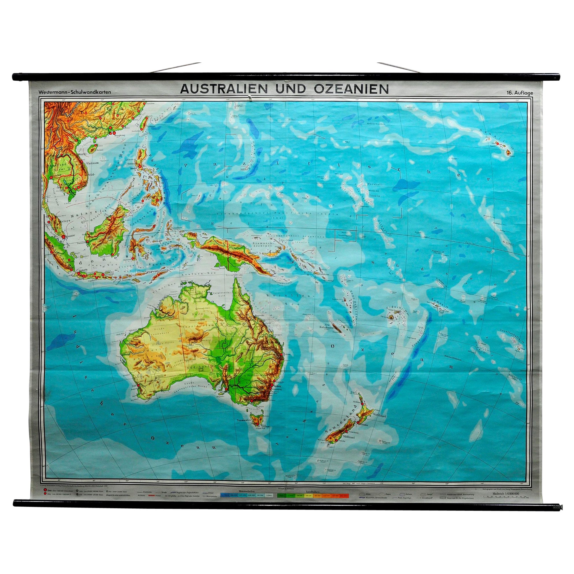 Australia and Oceania Vintage Art Map Poster Rollable Wall Chart Mural  For Sale