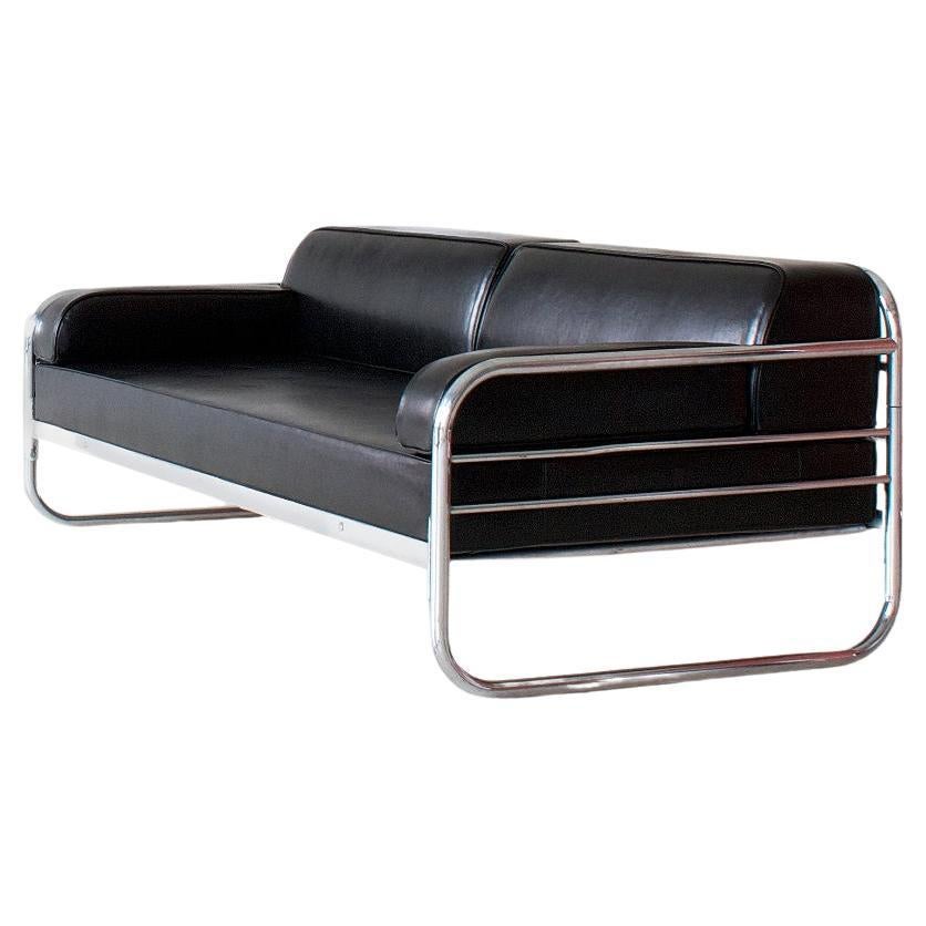 Art Deco Streamline Tubular Steel, Couch/ Daybed, Leather Upholstery c. 1930 For Sale