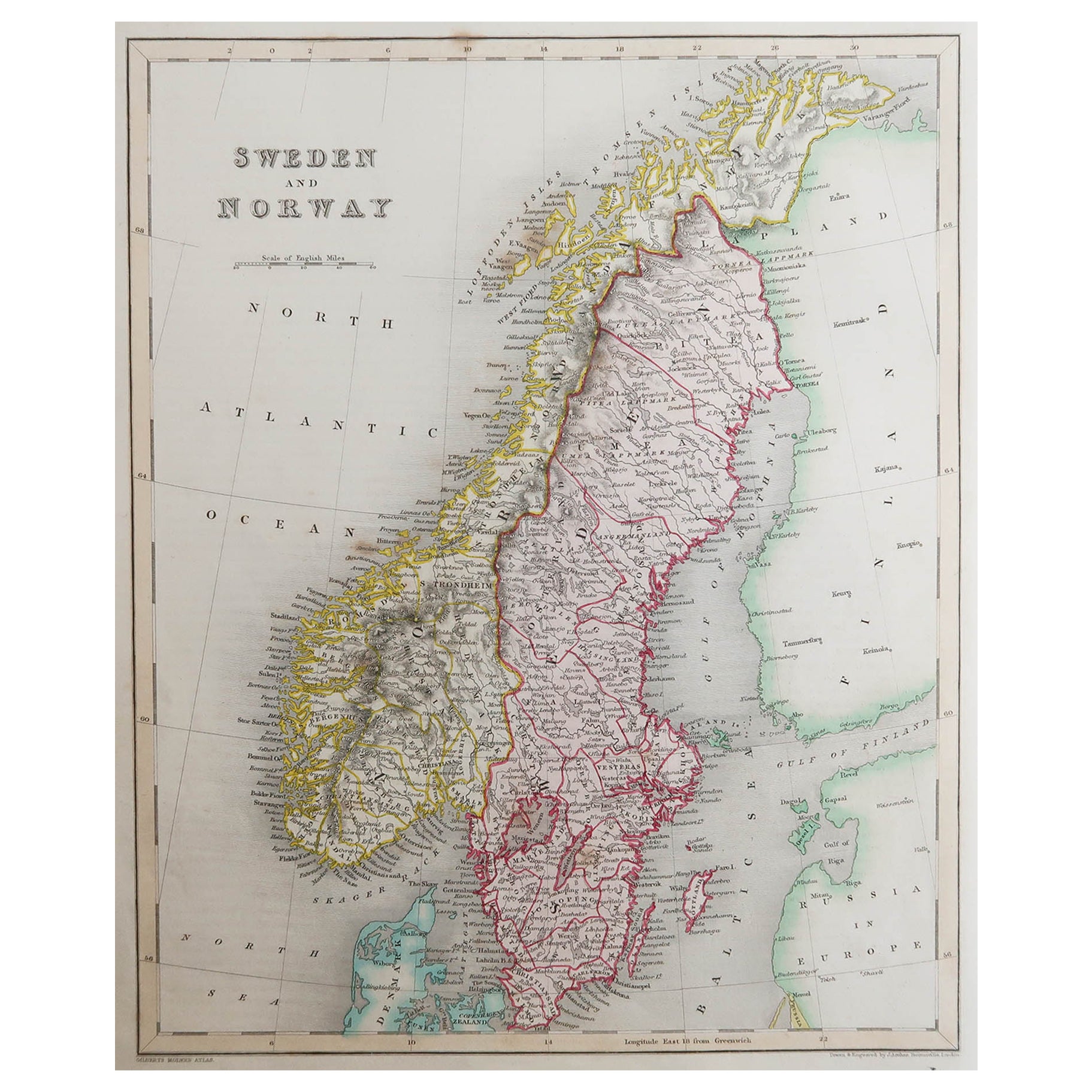 Carte ancienne originale de Suède et de Norvège, Grattan et Gilbert, 1843