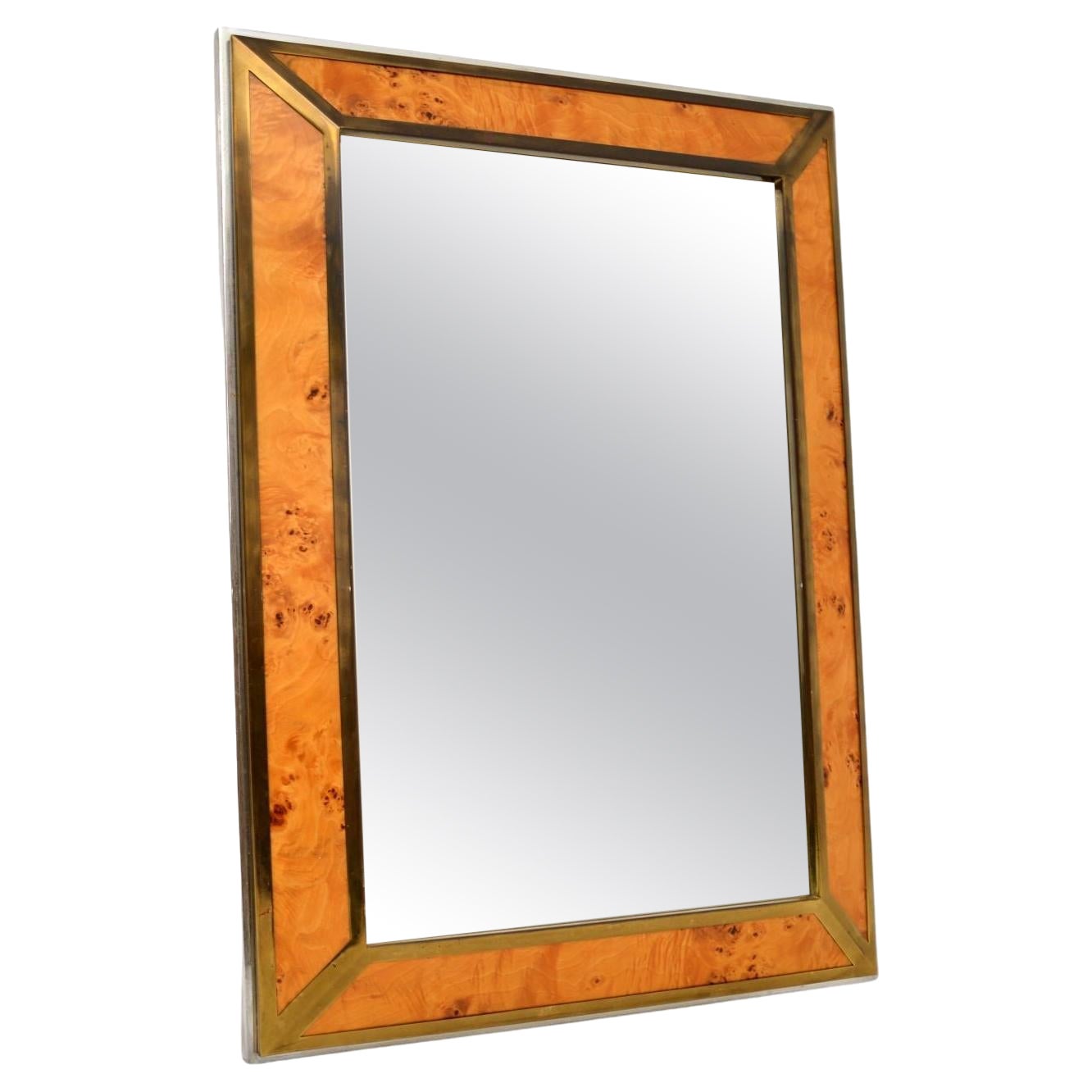 1970s Vintage Italian Walnut, Brass & Chrome Mirror For Sale