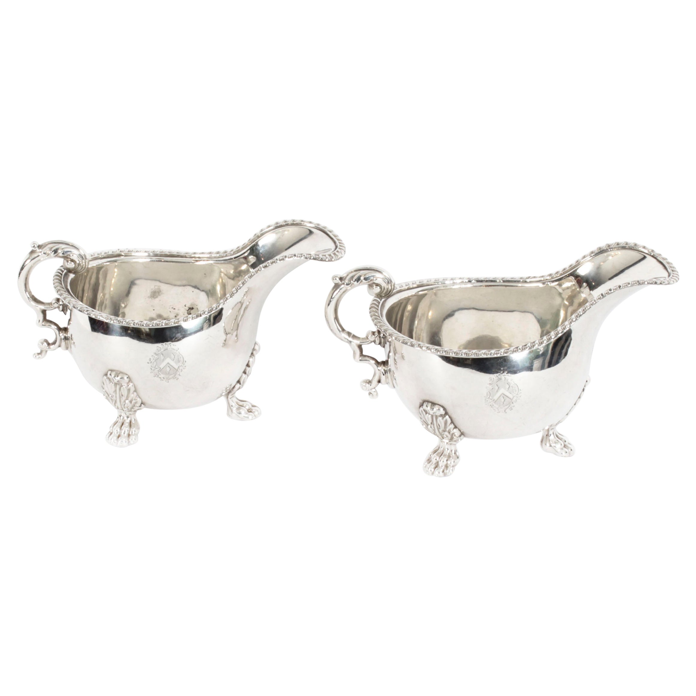 Antique Pair English Old Sheffield Silver Plated Sauce Boats 1830 19th Century For Sale