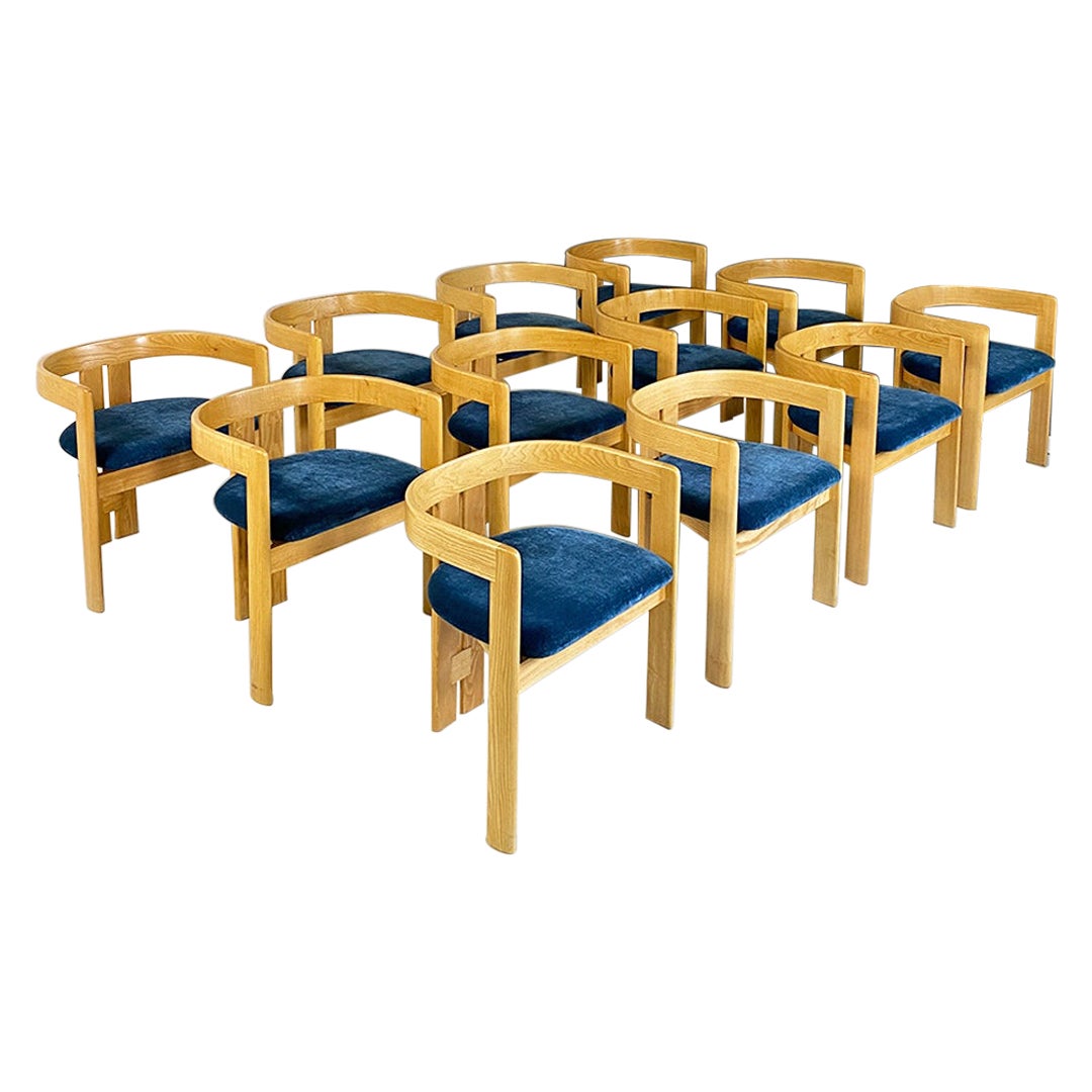 Italian Modern 12 Light Solid Wood and Dark Blue Original Velvet Tub Chairs 1980 For Sale