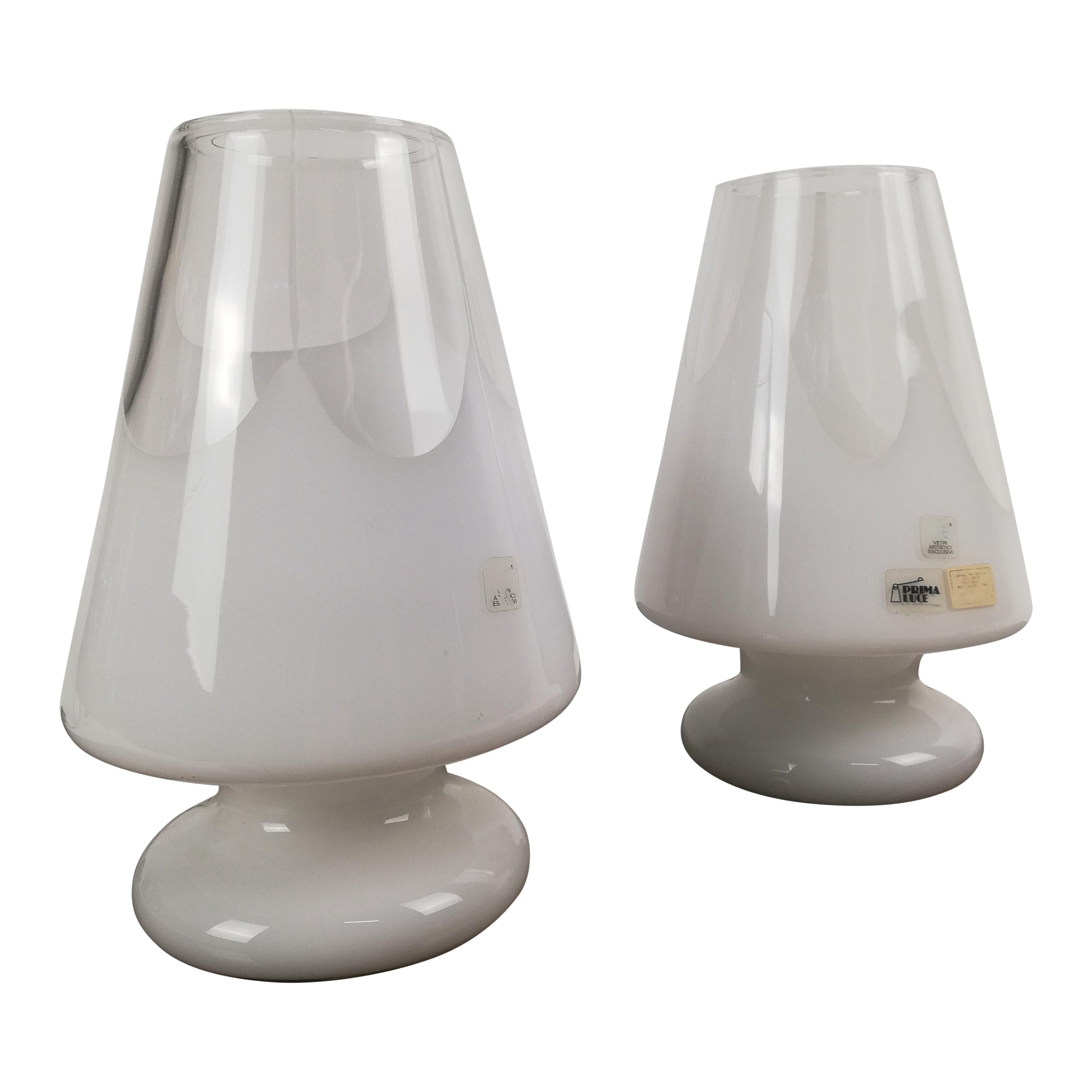 Pair of Table Lamps by Prima Luce in White Artistic Murano Glass, Italy, 1970s For Sale
