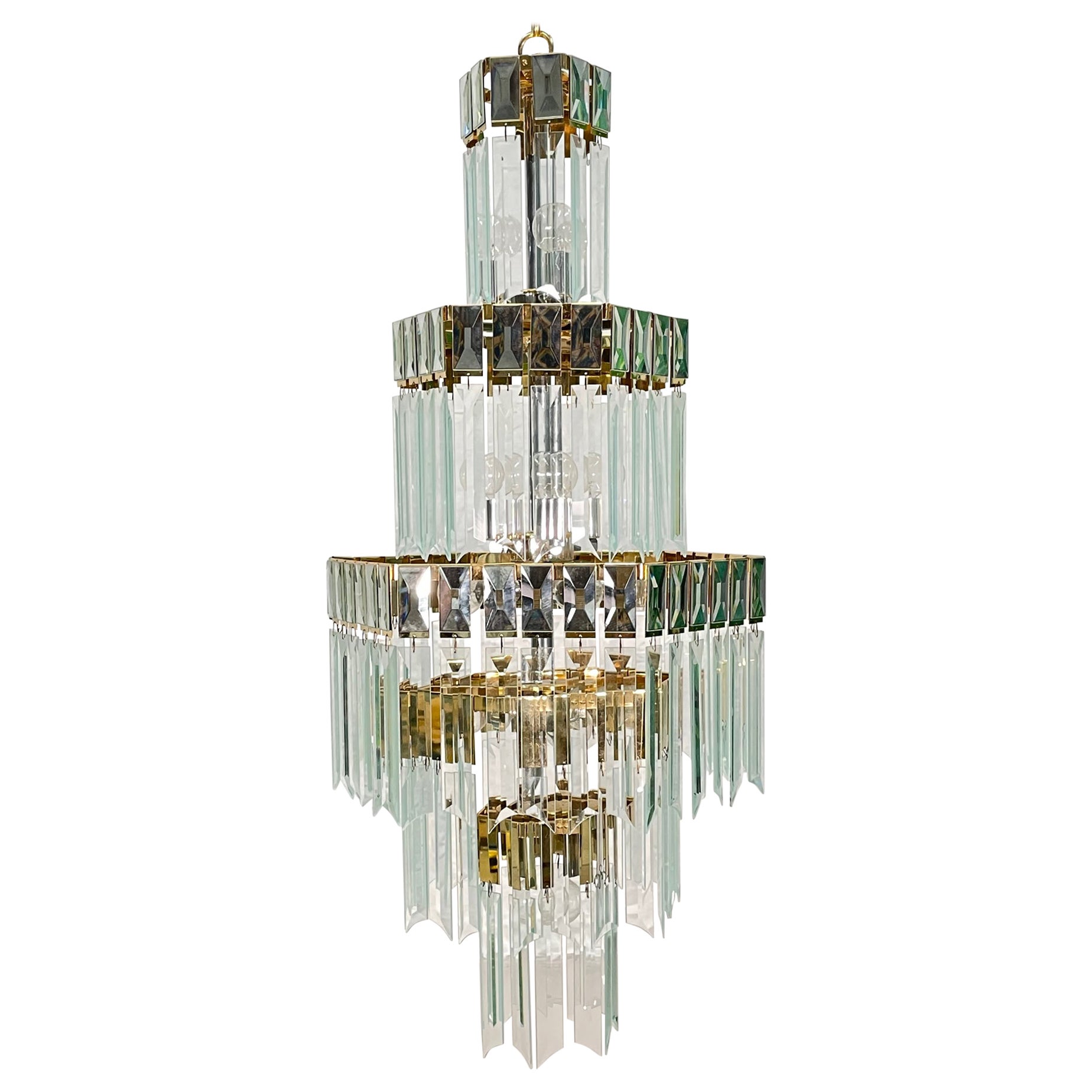 Brass and Glass Multi-Tiered Chandelier For Sale