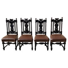 4 Antique Italian Renaissance Revival Gothic Carved Oak Figural Dining Chairs