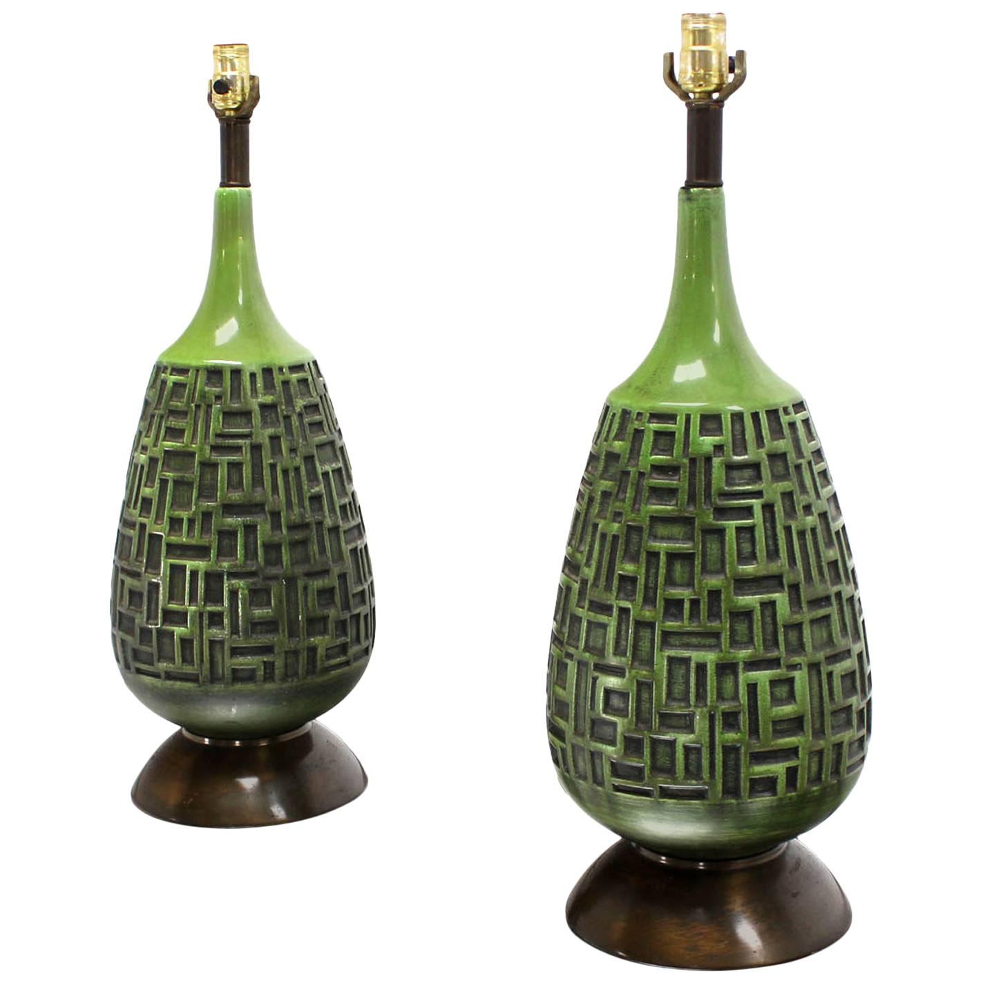 Pair of Green Truffle Pattern Vase Shape Bases Table Lamps