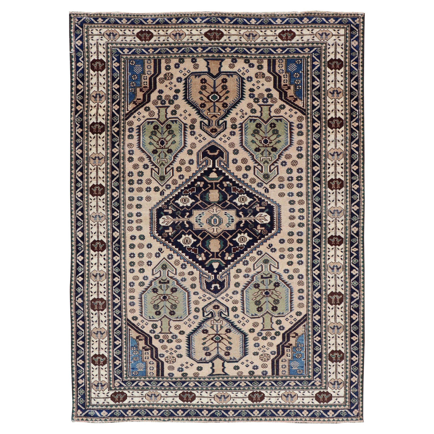 Antique Caucasian Shirvan Rug in Blue, Green, and Cream with Tribal Design For Sale