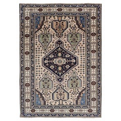 Antique Caucasian Shirvan Rug in Blue, Green, and Cream with Tribal Design