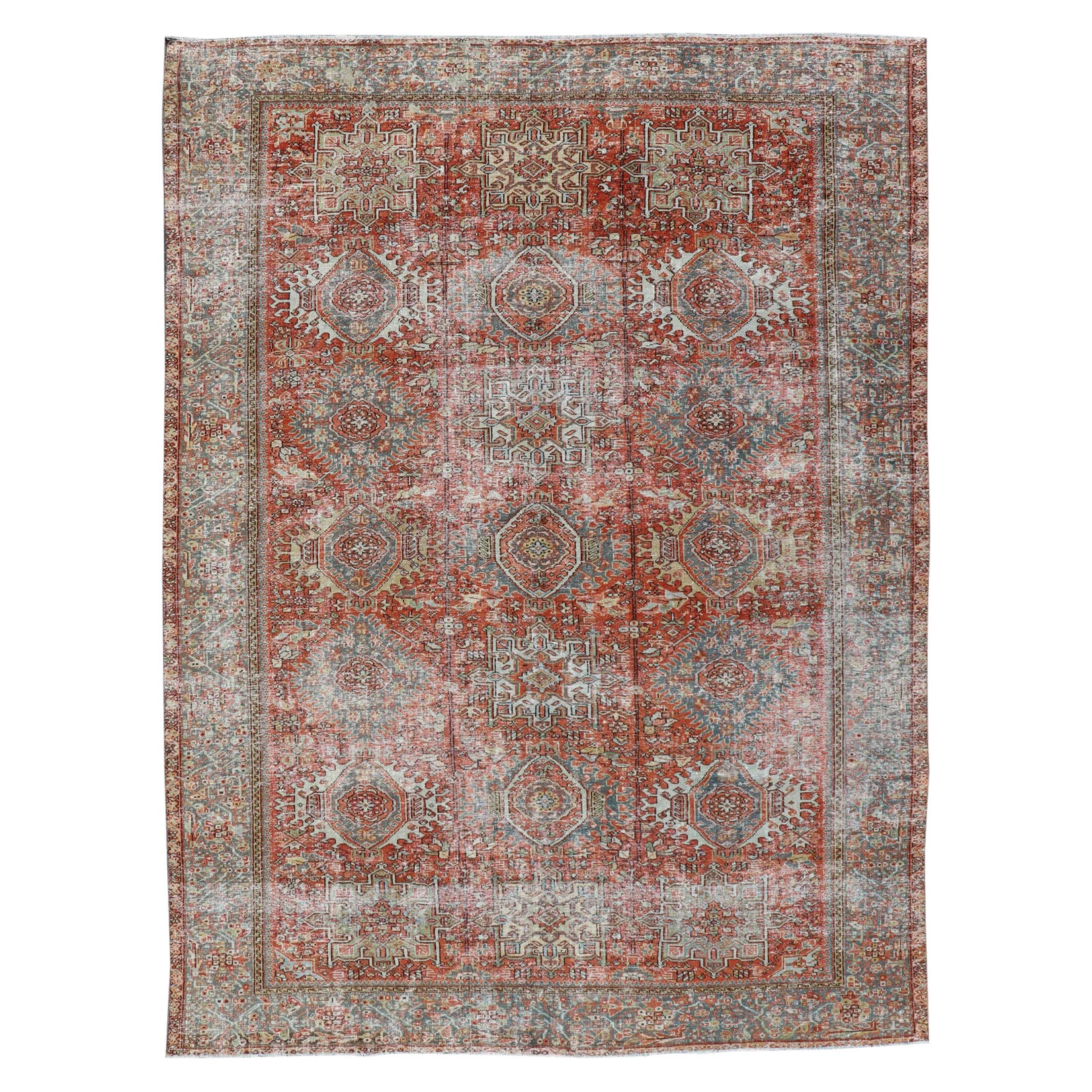 Antique Persian All-Over Heriz Rug with All-Over Geometric Medallion Design For Sale