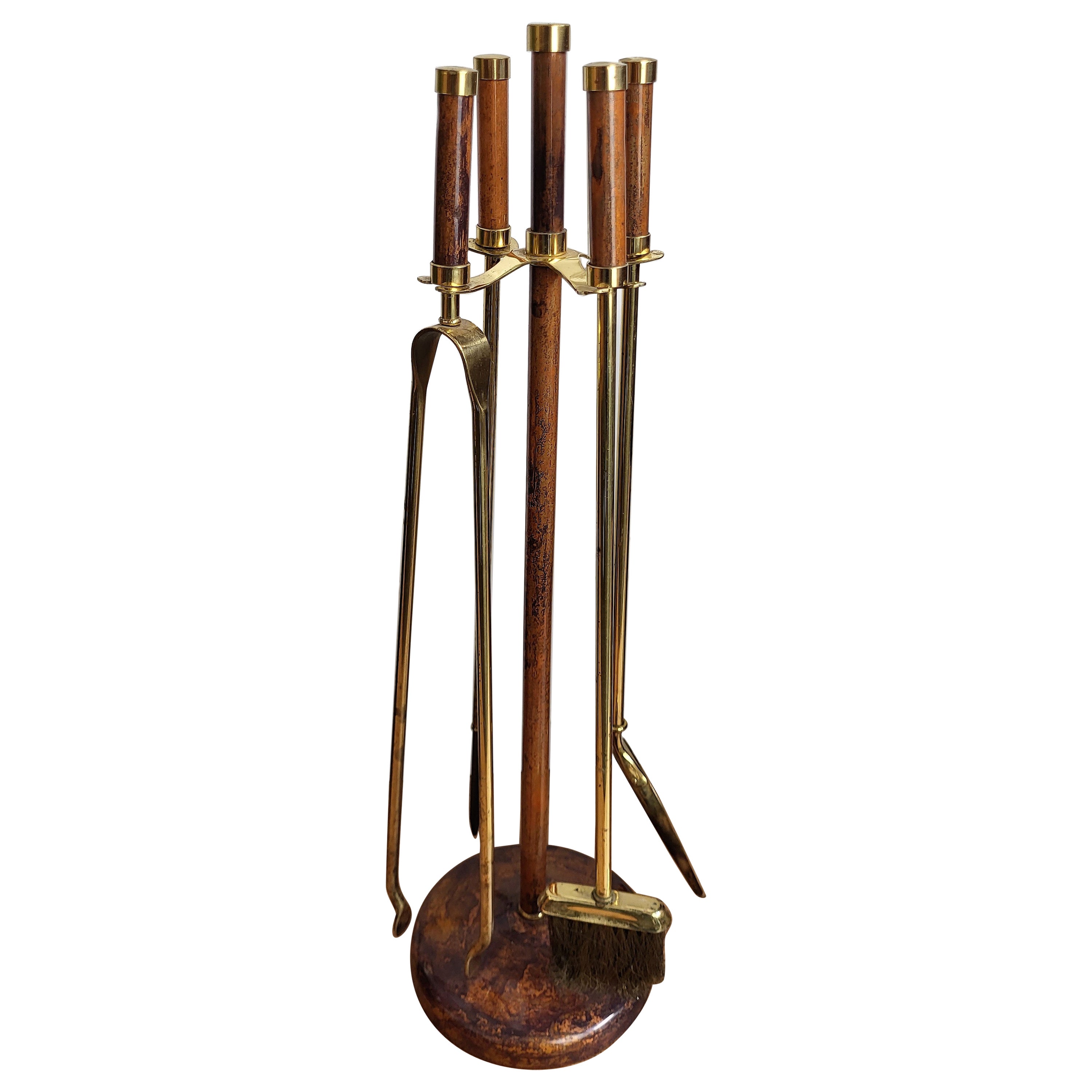 Italian Four-Piece Brass and Burl Vintage Fireplace Fire Tool Set with Stand For Sale