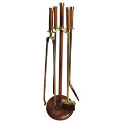 Italian Four-Piece Brass and Burl Vintage Fireplace Fire Tool Set with Stand