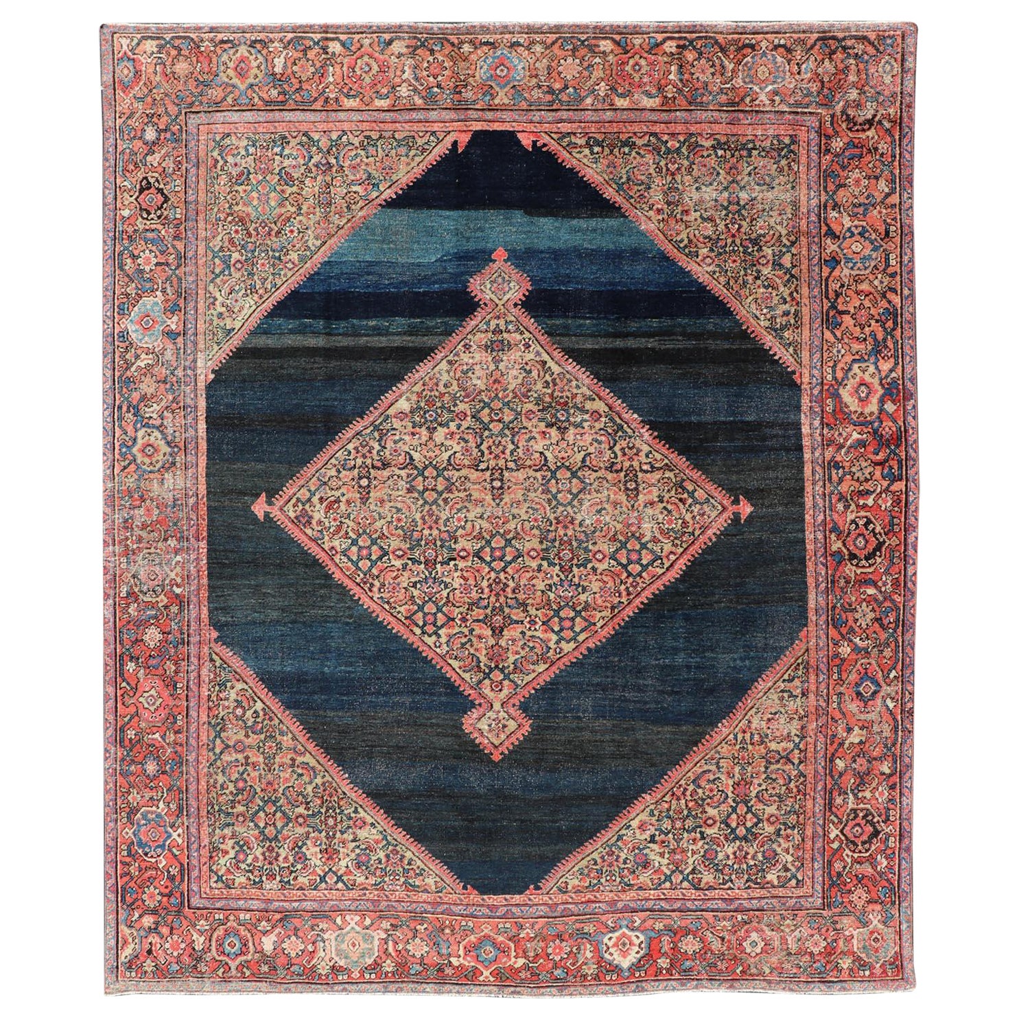 Antique Persian Sultanabad Rug With Medallion On A Navy Blue Field 
