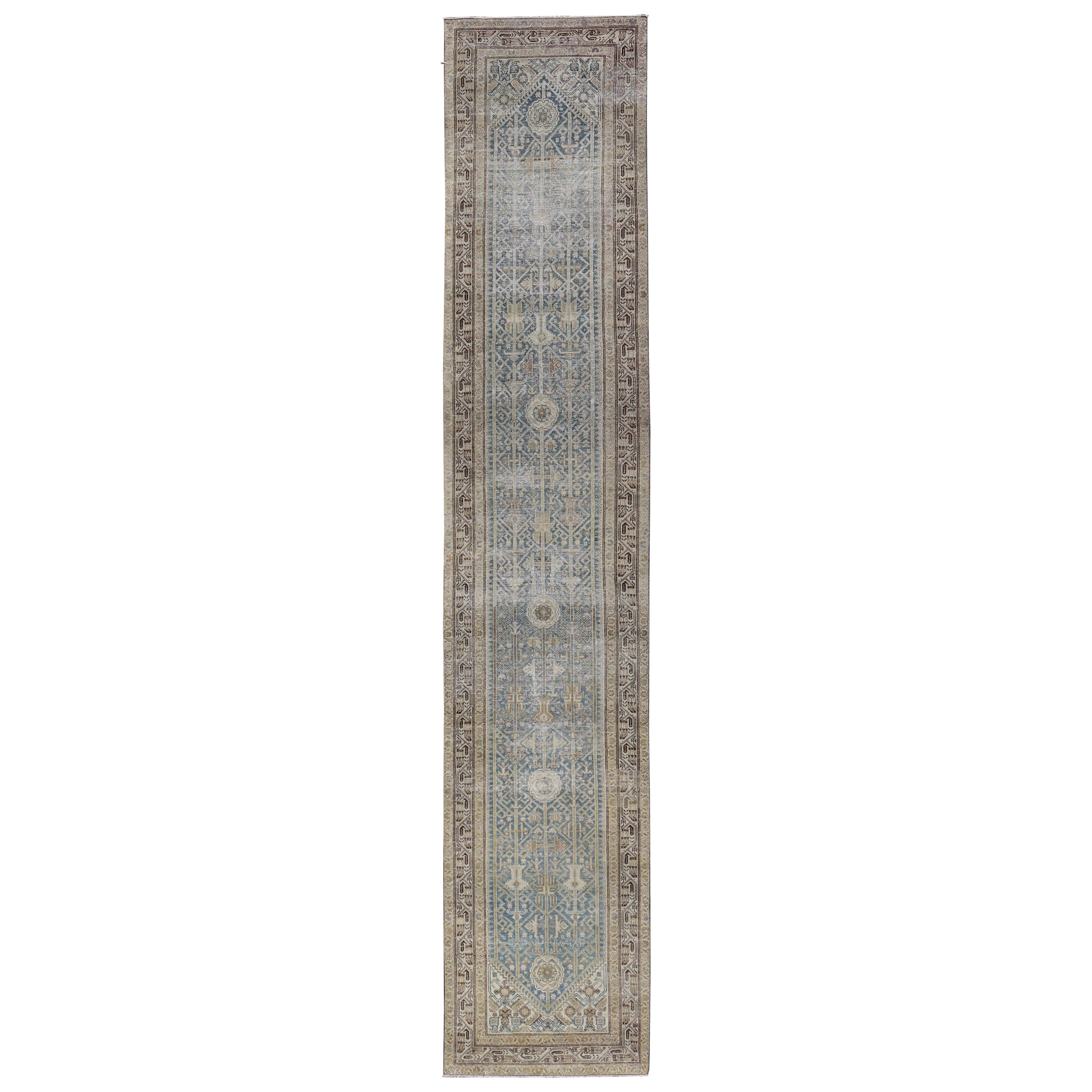 Long Antique Persian Malayer Runner in Gray, Blue, Green with All-Over Design For Sale