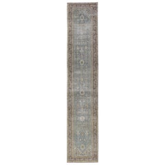 Long Antique Persian Malayer Runner in Gray, Blue, Green with All-Over Design