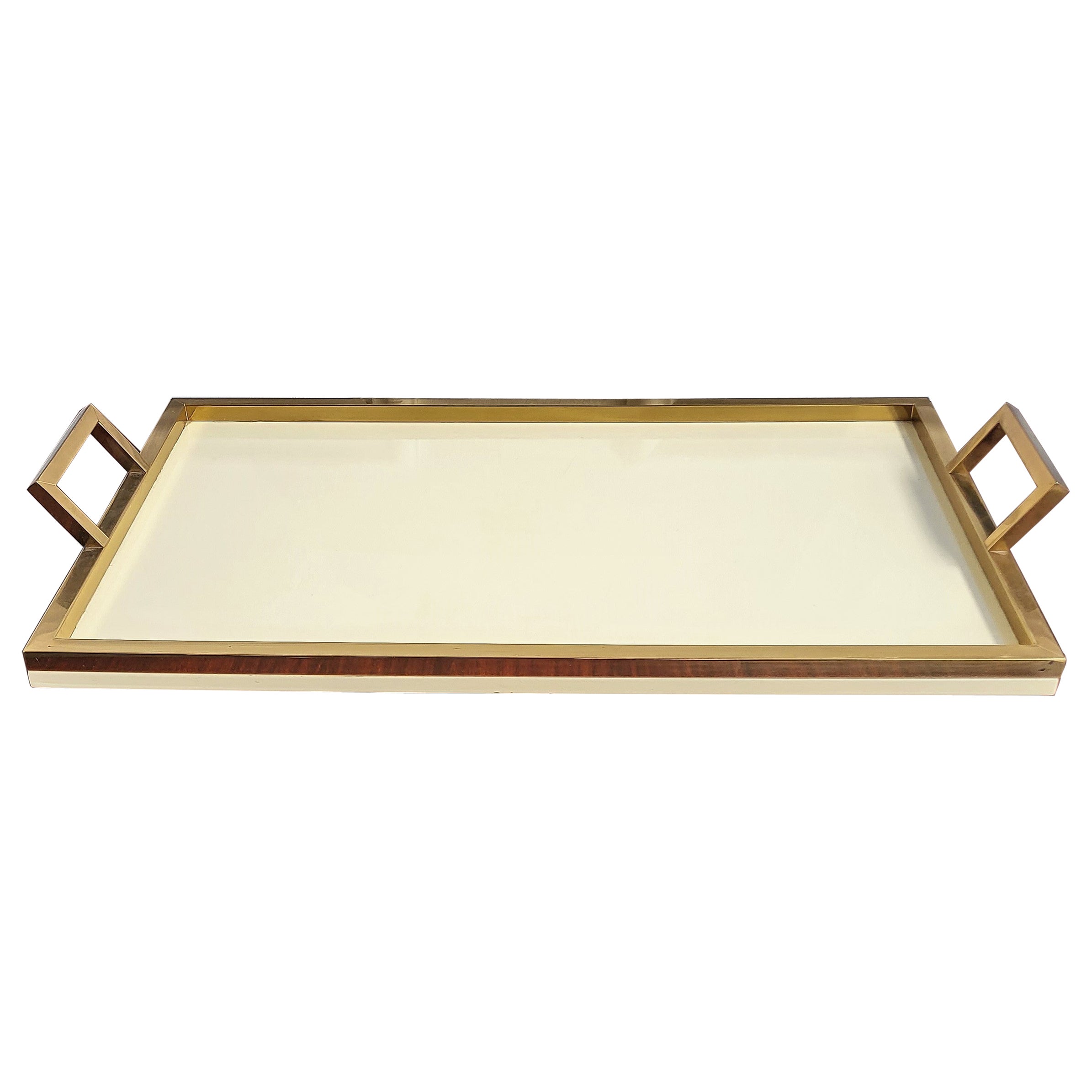 Tommaso Barbi Rectangular Brass & White Lacquered Centerpiece Tray, Italy, 1970s For Sale